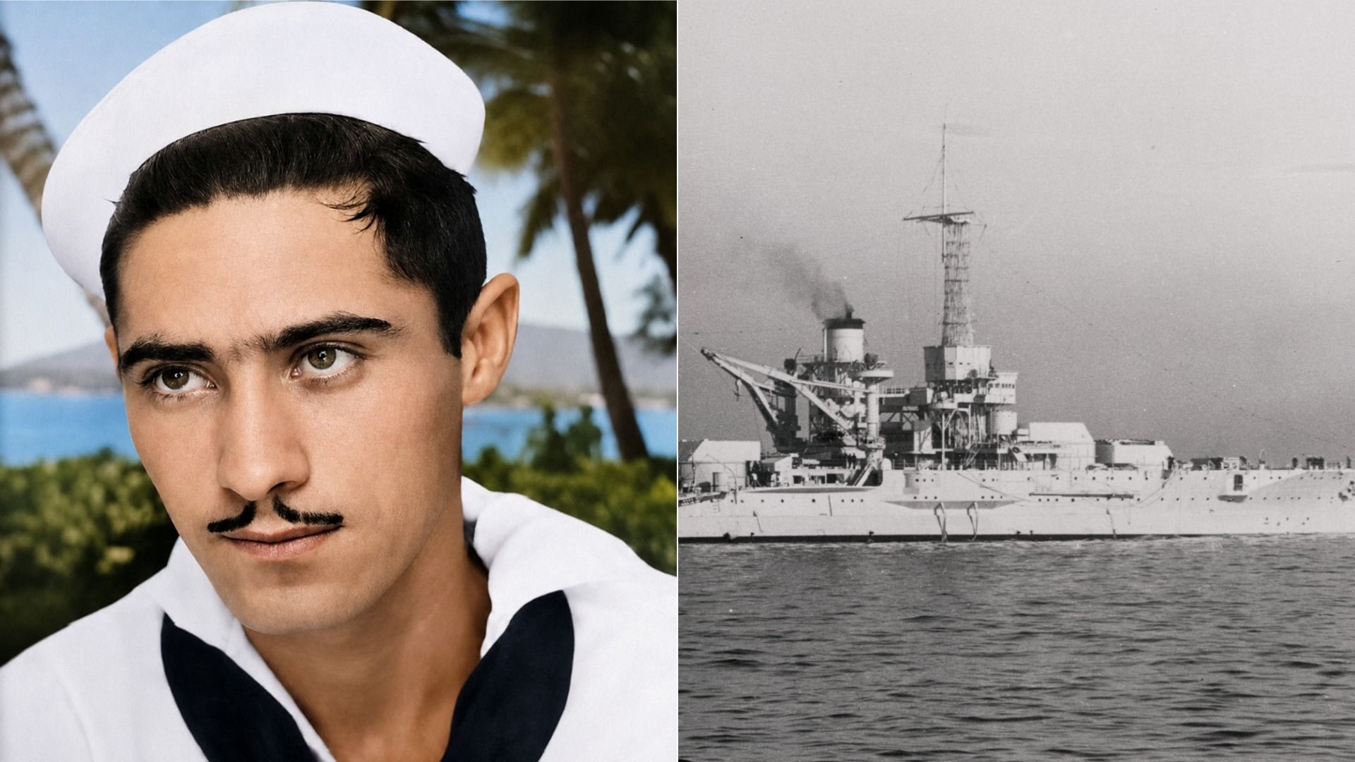 Image shows a photo of a sailor and a black and white photos of the USS Utah.
