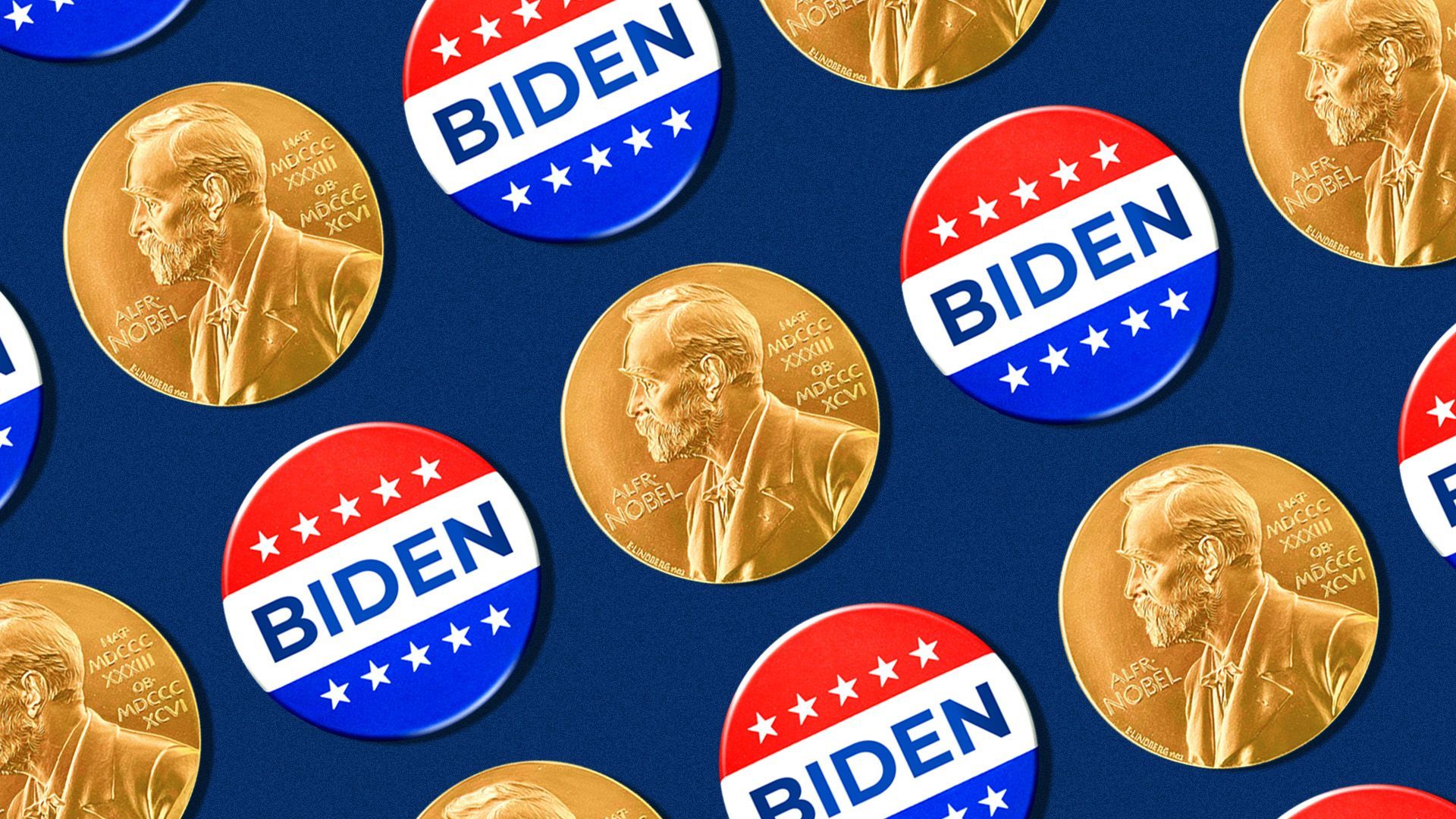 an illustration of a pattern of nobel prize medals and biden campaign buttons