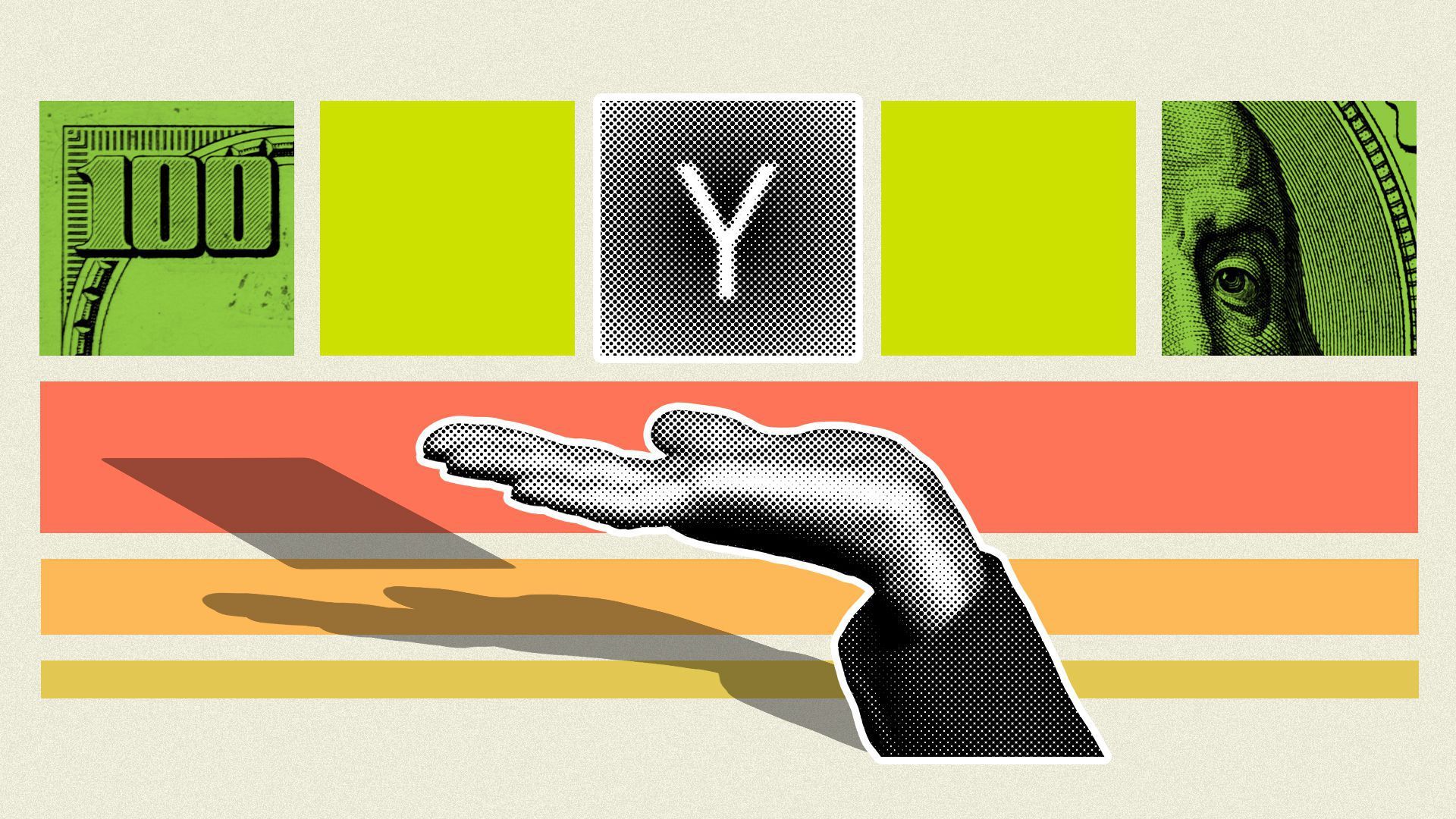 A hand holding the letter Y and a $100 bill.