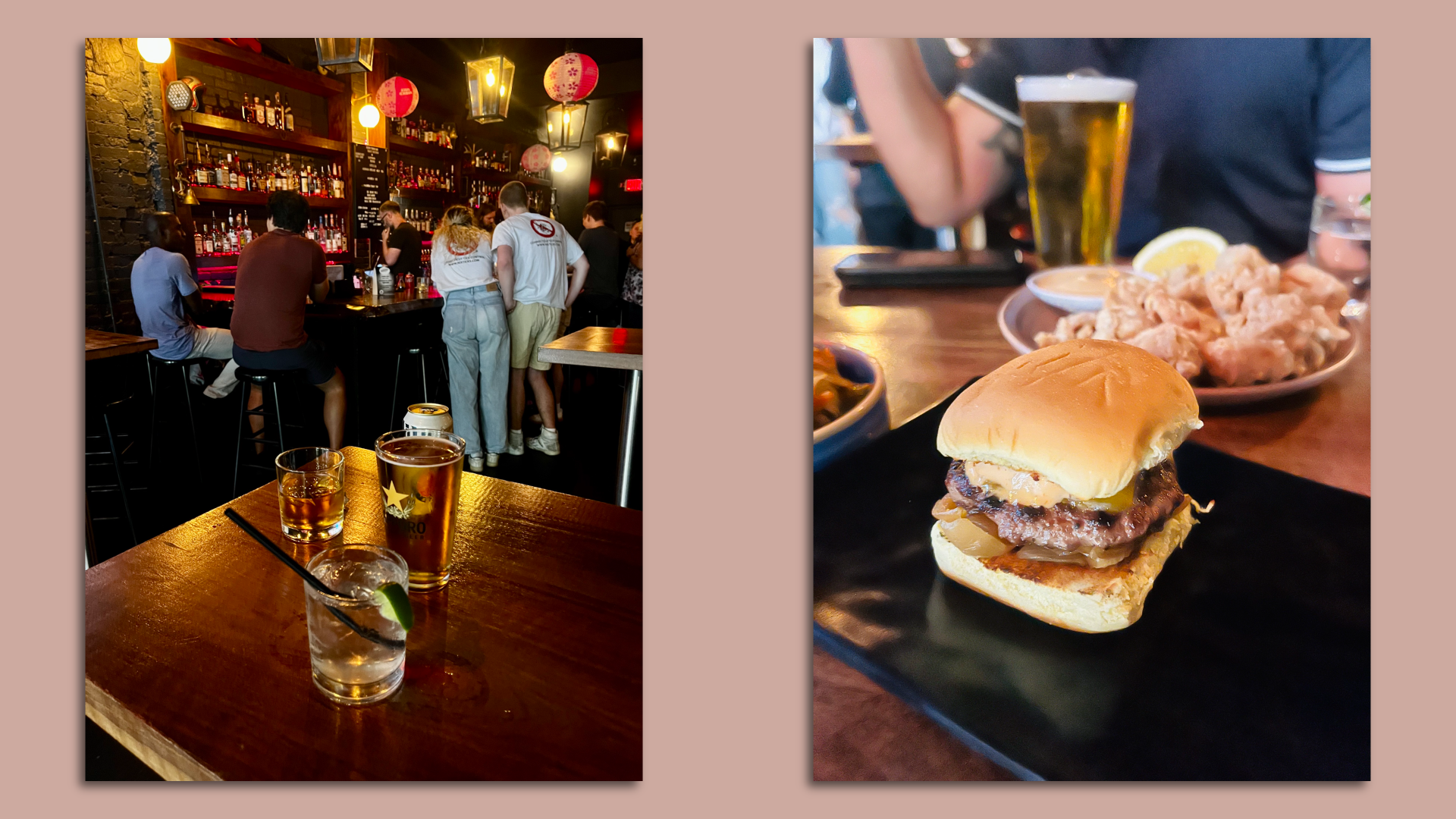Side-by-side photos of two cocktails and two beers on a wooden table in the dimly lit bar, next to a slider.