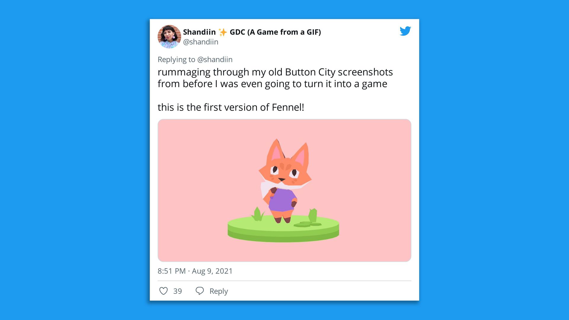 A screenshot of a text showing a little 3D fox character.