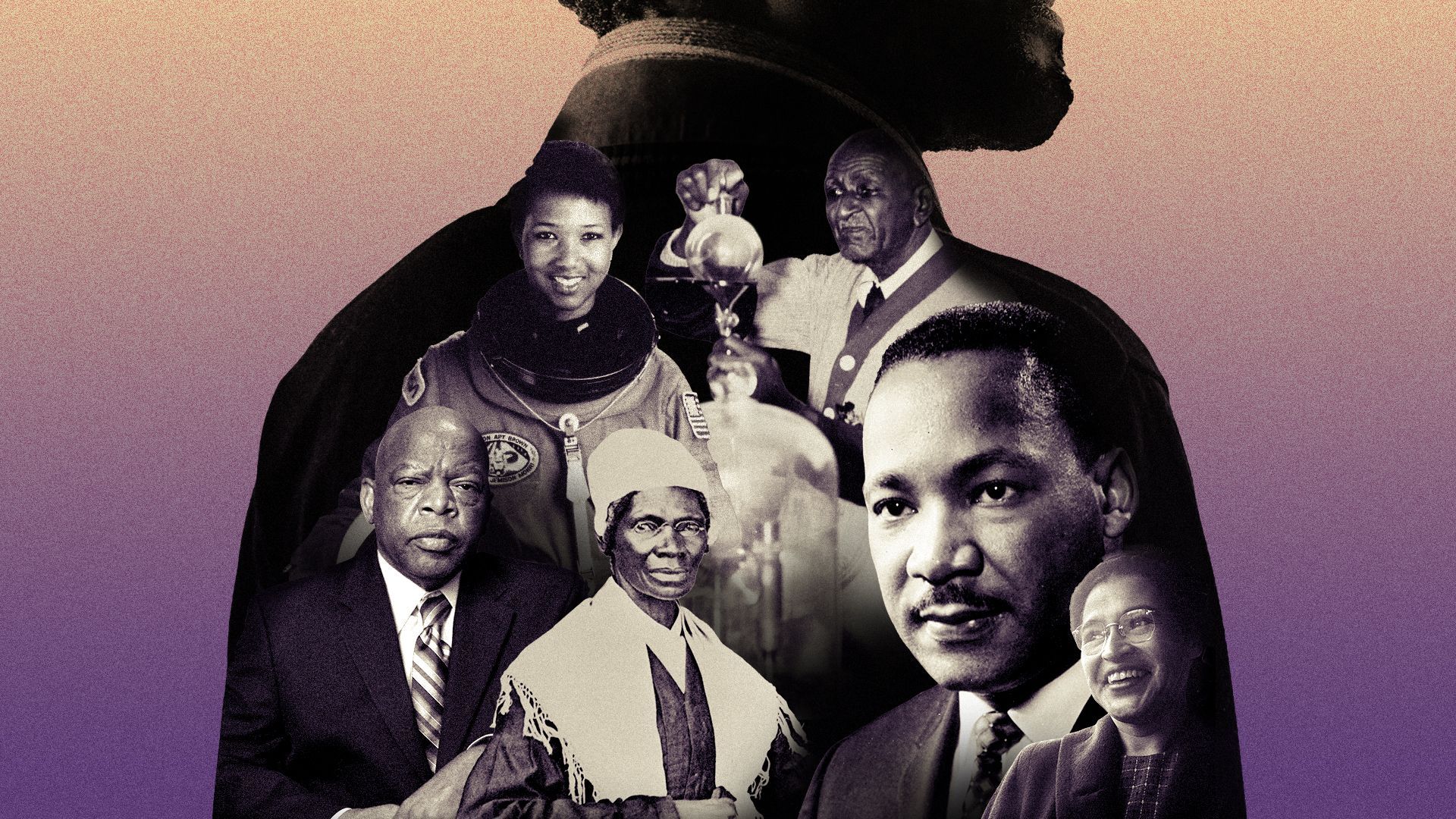Photo illustration of Martin Luther King Jr., Rosa Parks, Sojourner Truth, John Lewis, Mae Jemison, and George Washington Carver within the silhouette of a young Black man.