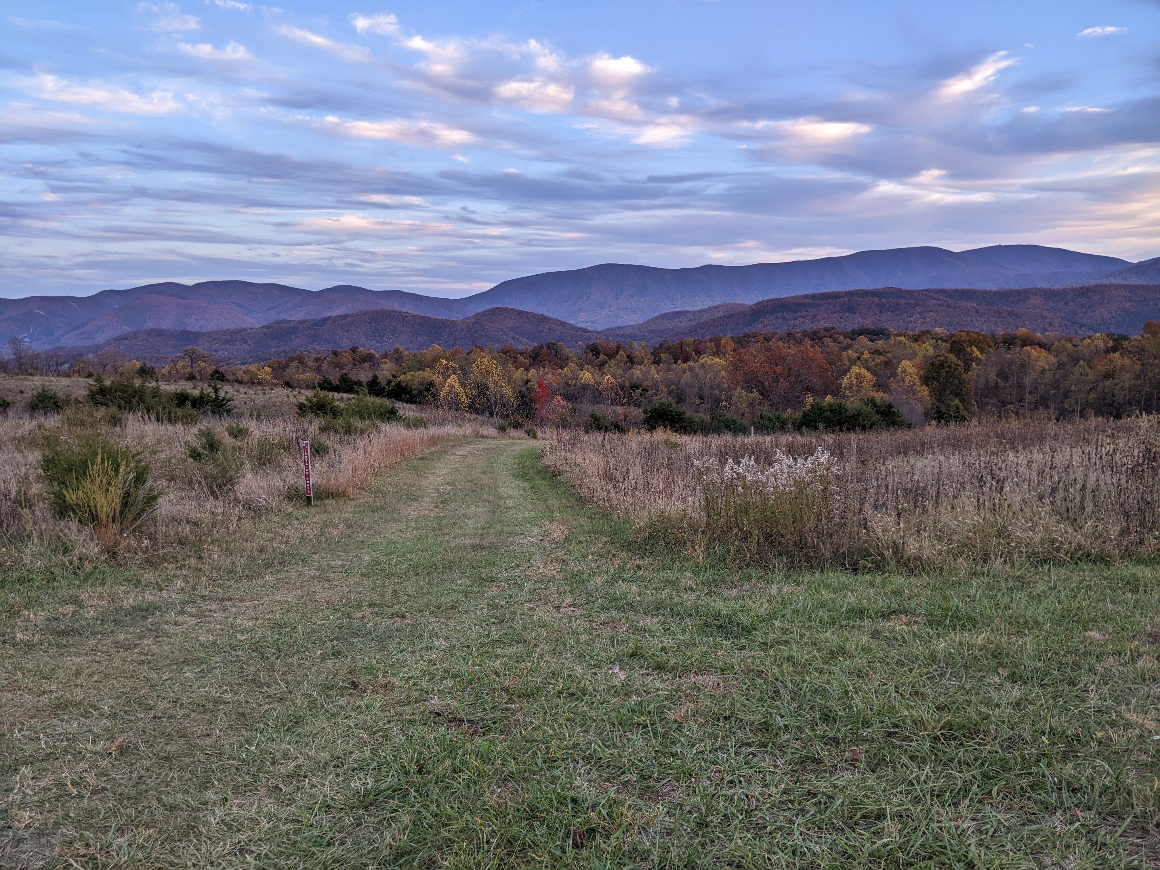 a view of mountains and patches of grass
