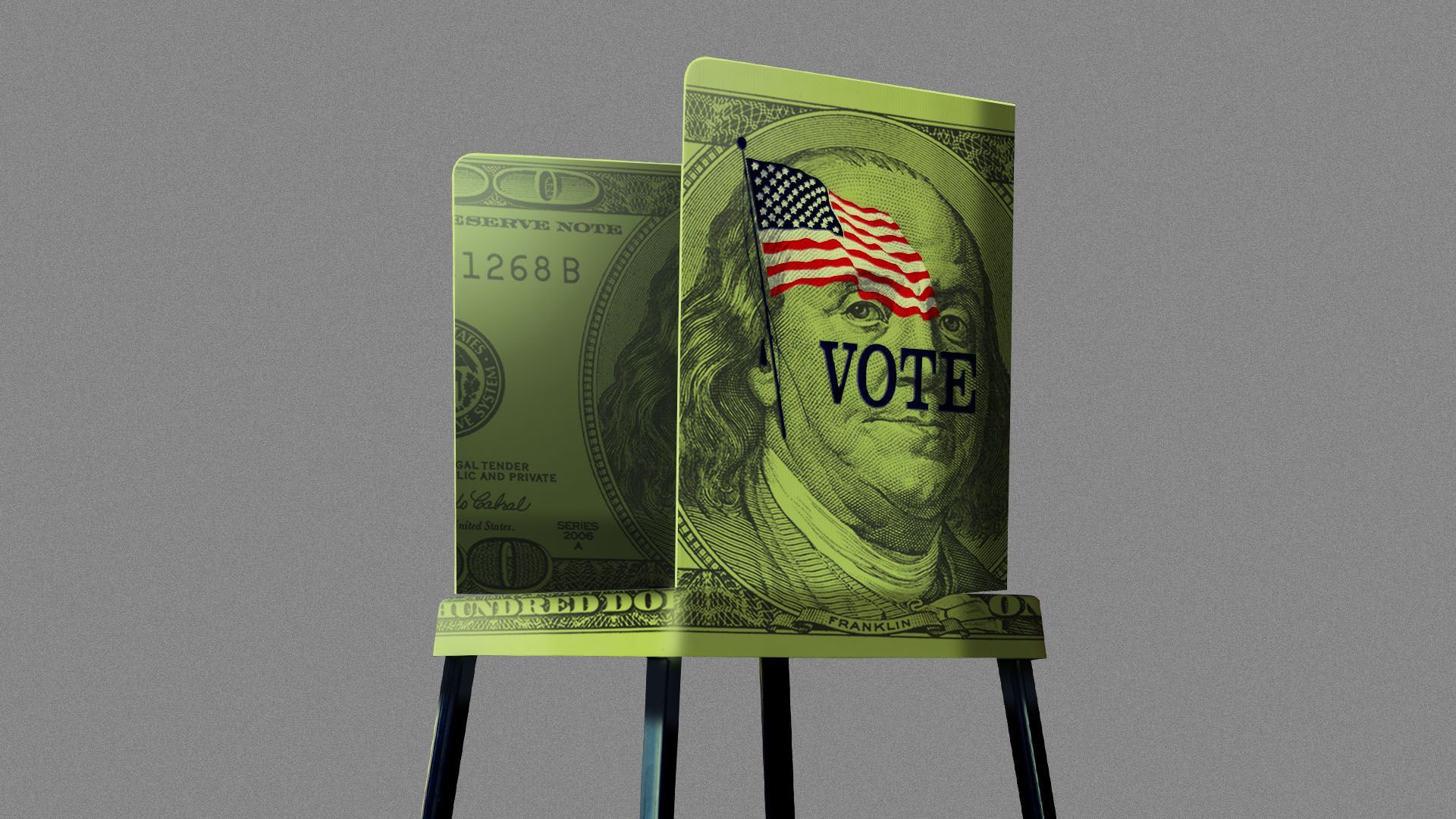 An illustration shows a $5 billion shaped as an election booth.