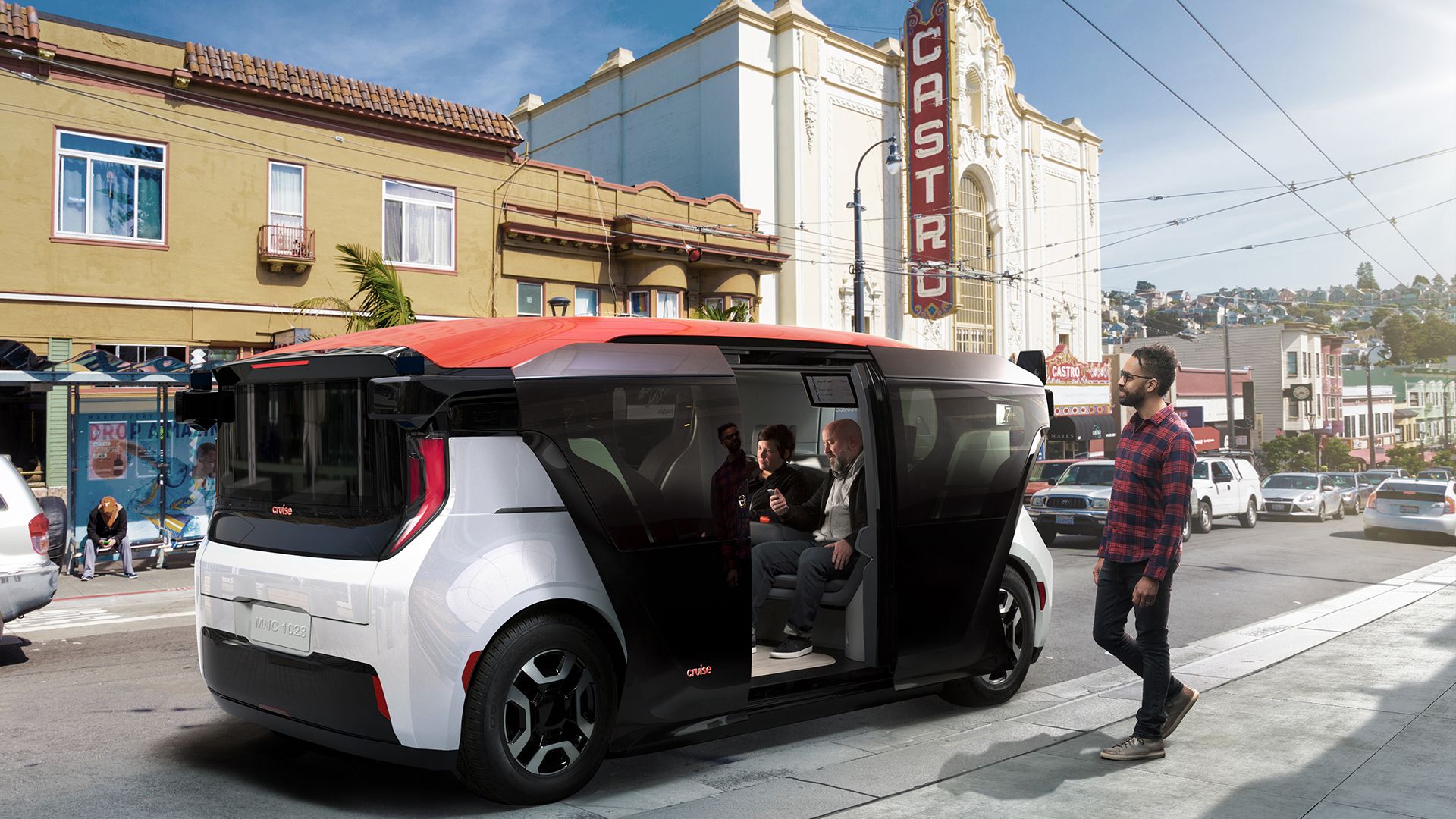 Image of shared Cruise Origin self-driving electric shuttle in San Francisco.
