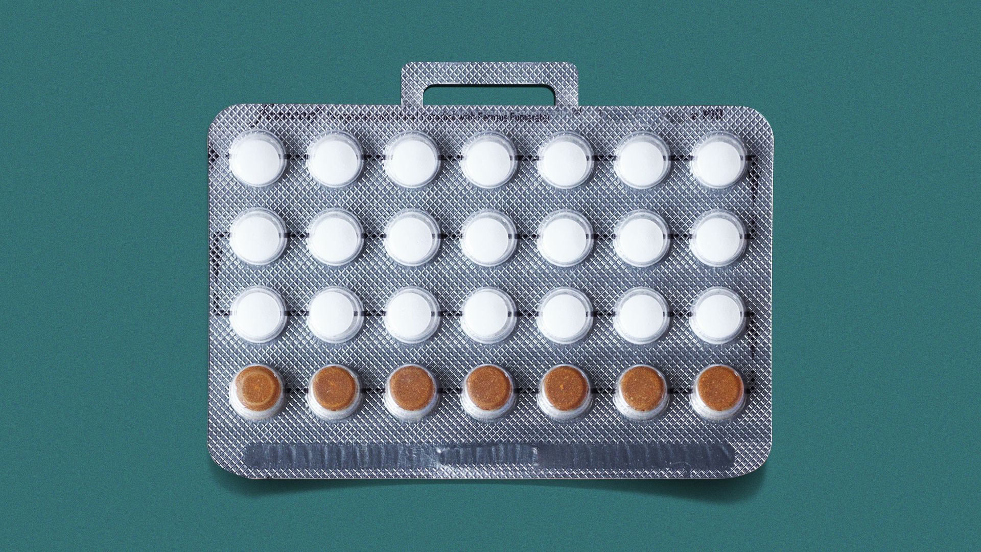 Illustration of a contraceptive pill packet shaped like a briefcase. 