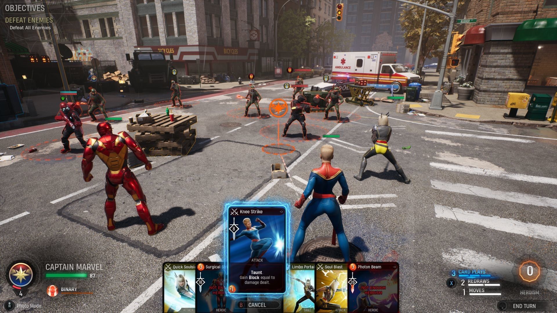Video game screenshot of Marvel super-heroes facing off with villains in a city intersection