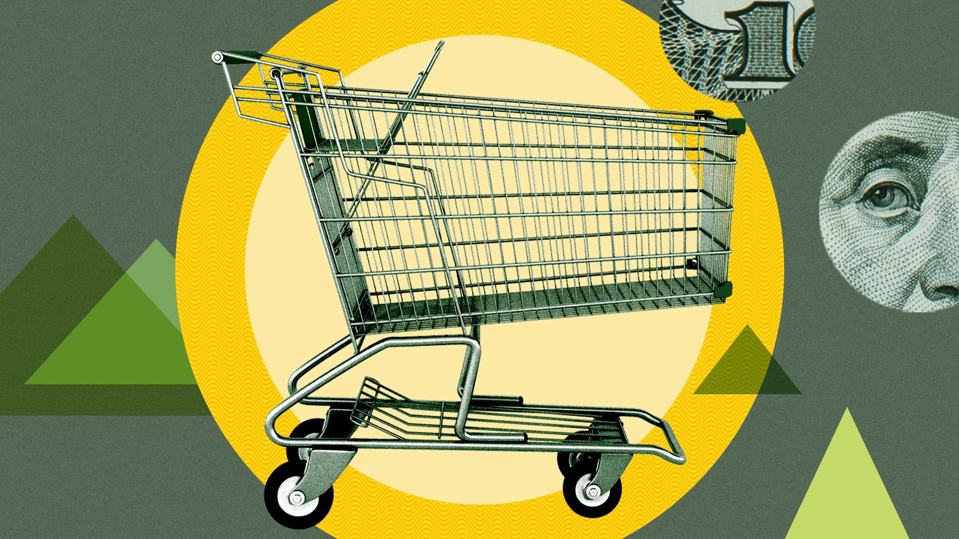Illustration of a shopping cart surrounded by shapes and zoomed in sections of a dollar bill.