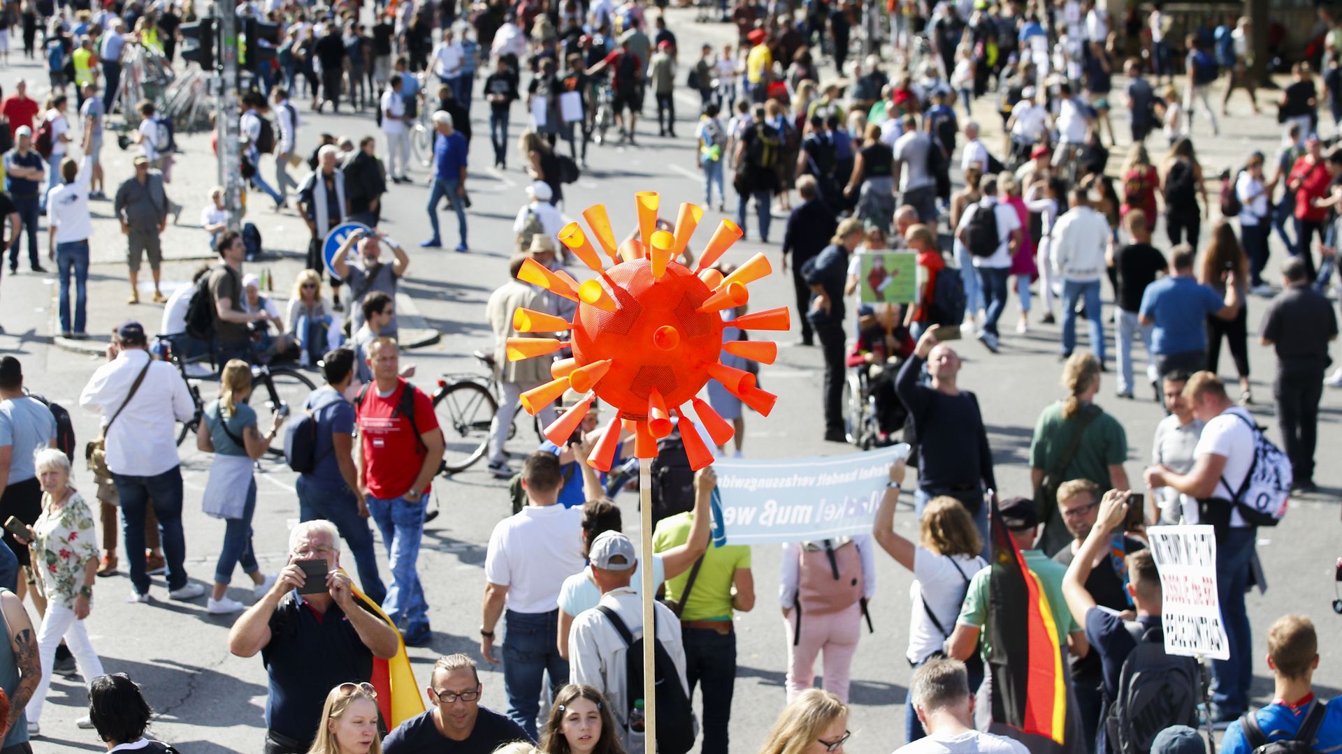 A representation of the coronavirus at a Berlin protest against Germany's virus restrictions on Aug. 28.