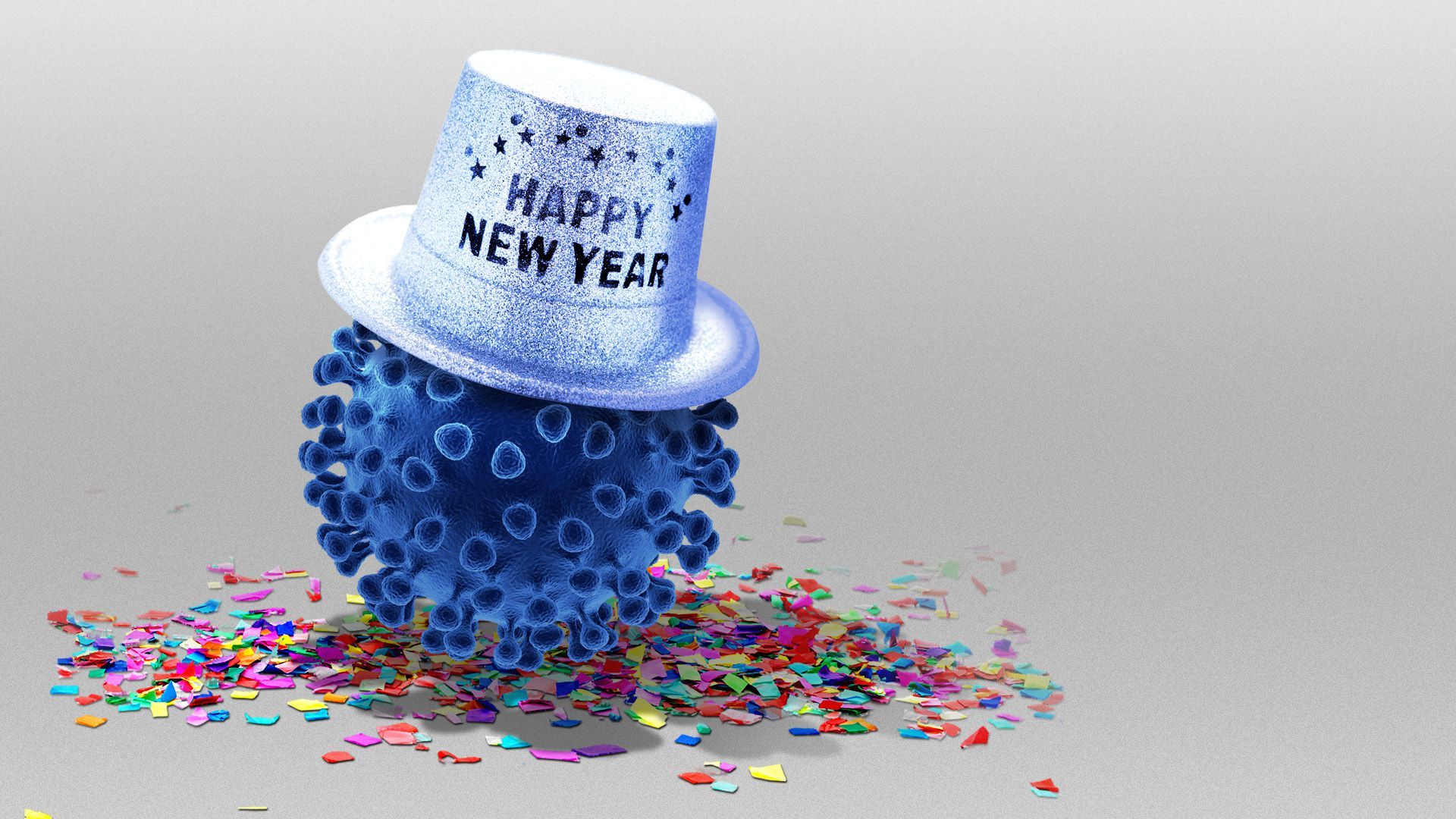Blue COVID cell sitting on confetti and wearing a Happy New Year hat.