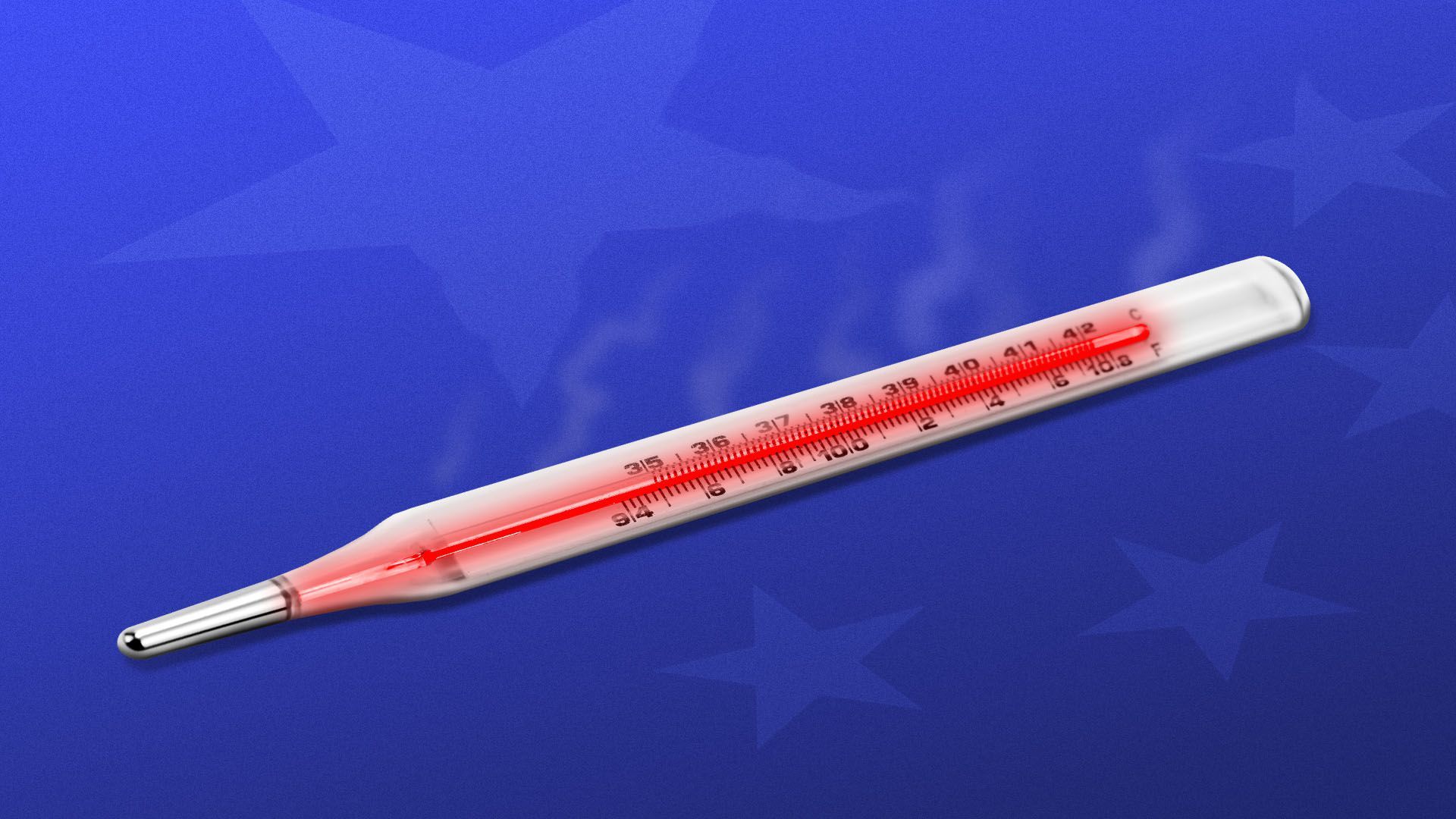 Illustration of a red steaming medical thermometer over the stars of the Chinese flag