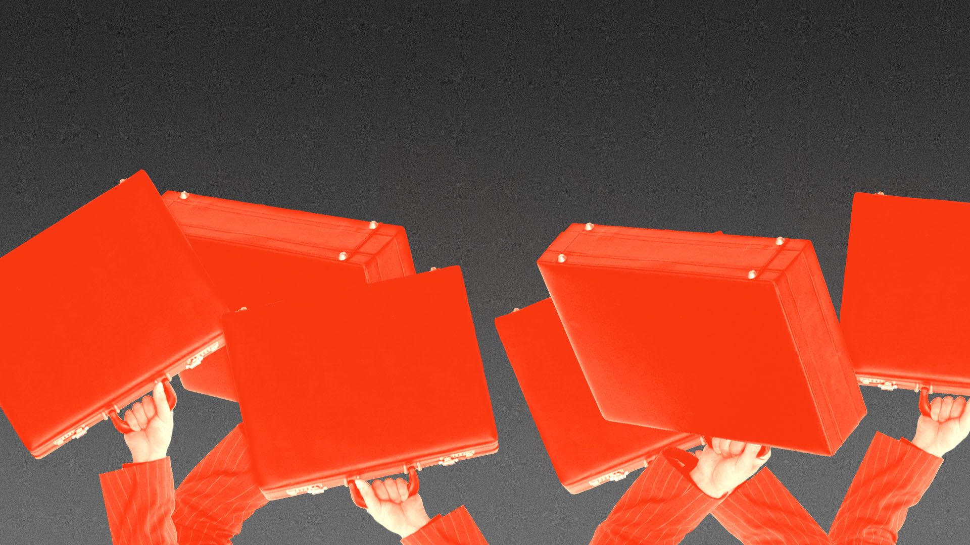 Illustration of a group of business people with suitcases raised in the air