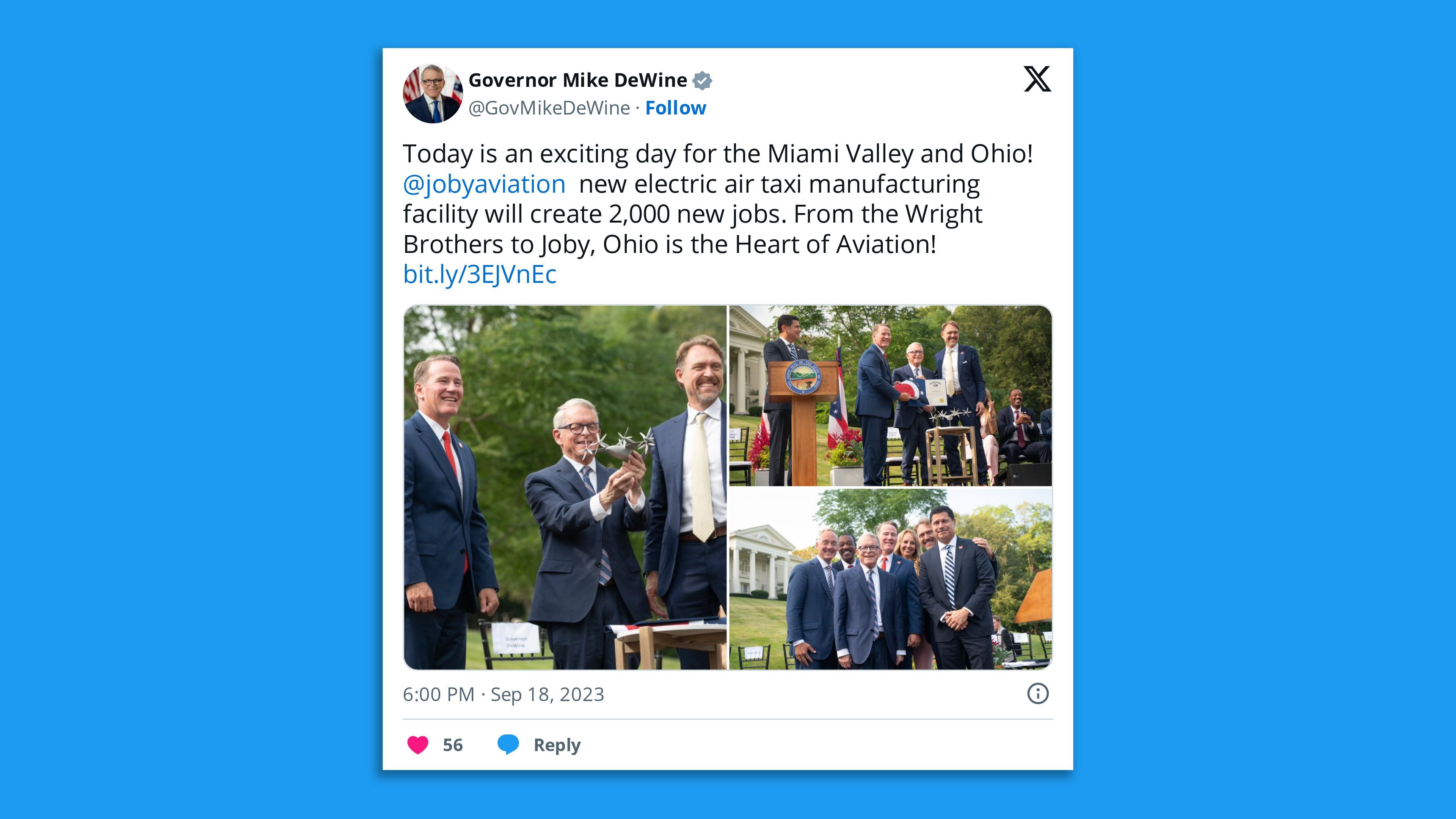 Ohio Gov. Mike DeWine's Twitter post featuring photos including one of him playing with a Joby Aviation model aircraft with the caption: "Today is an exciting day for the Miami Valley and Ohio!  @jobyaviation   new electric air taxi manufacturing facility will create 2,000 new jobs. From the Wright Brothers to Joby, Ohio is the Heart of Aviation! "