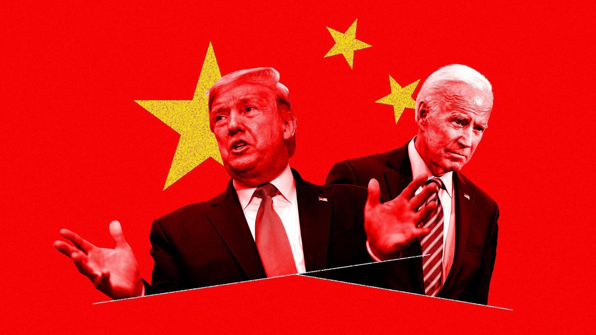 Illustrated collage of President Trump and Joe Biden against the Chinese flag