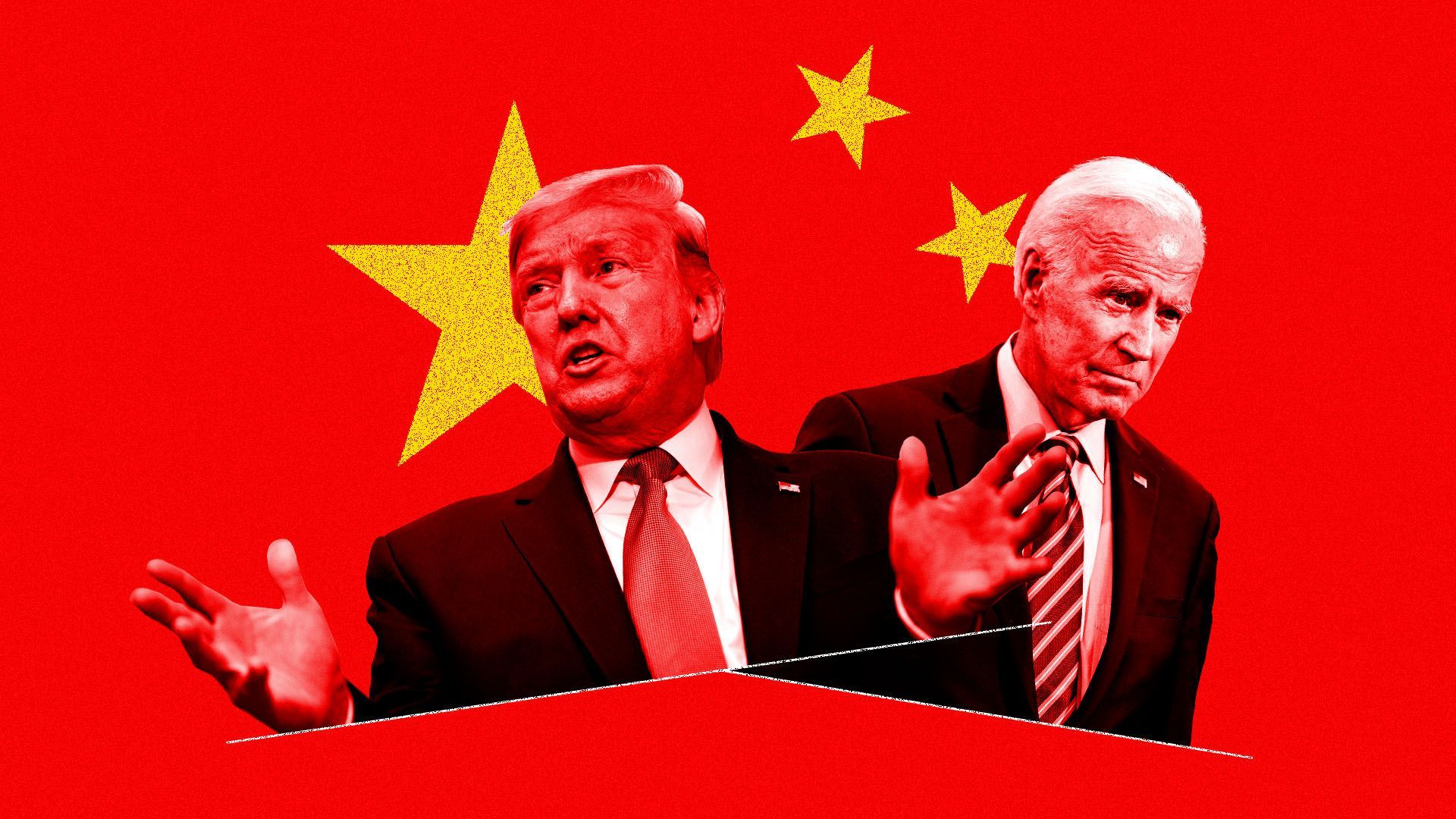 Illustrated collage of President Trump and Joe Biden against the Chinese flag