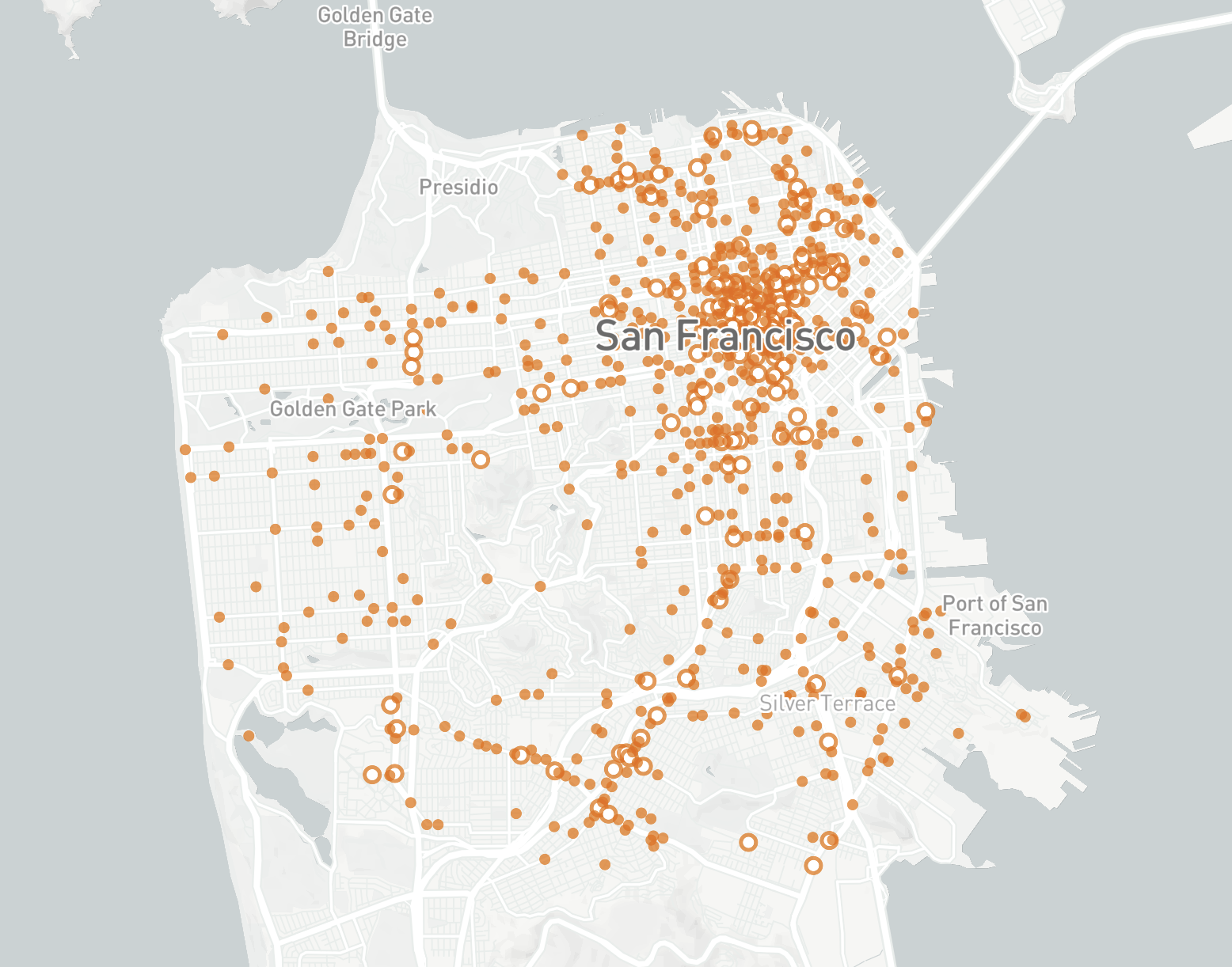 Map showing orange dots clustered around downtown San Francisco