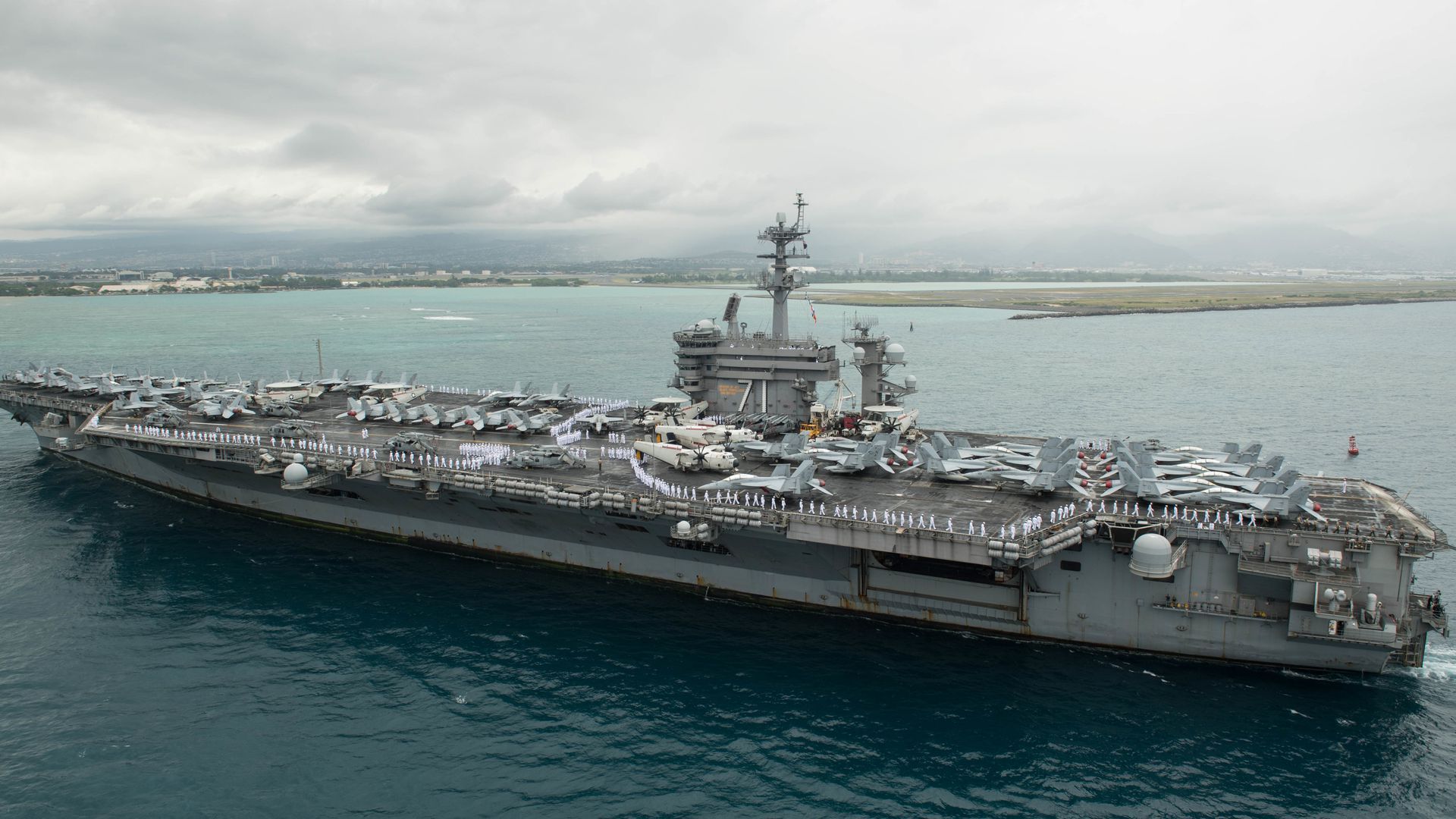 This image shows the USS Theodore Roosevelt on the ocean 