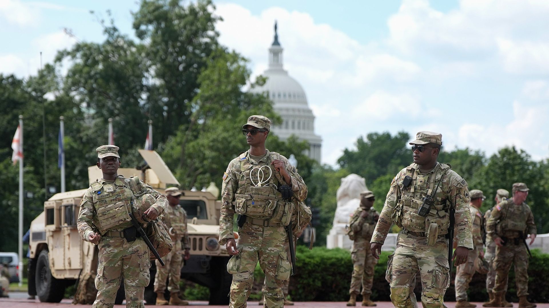 Members of the National Guard stand outside Union Station on August 14, 2025 in Washington, D.C.