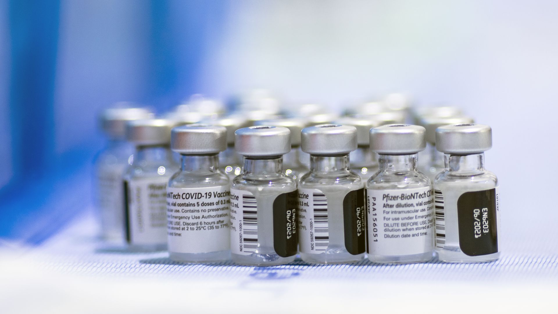 A collection of Pfizer-BioNTech vaccine vials.