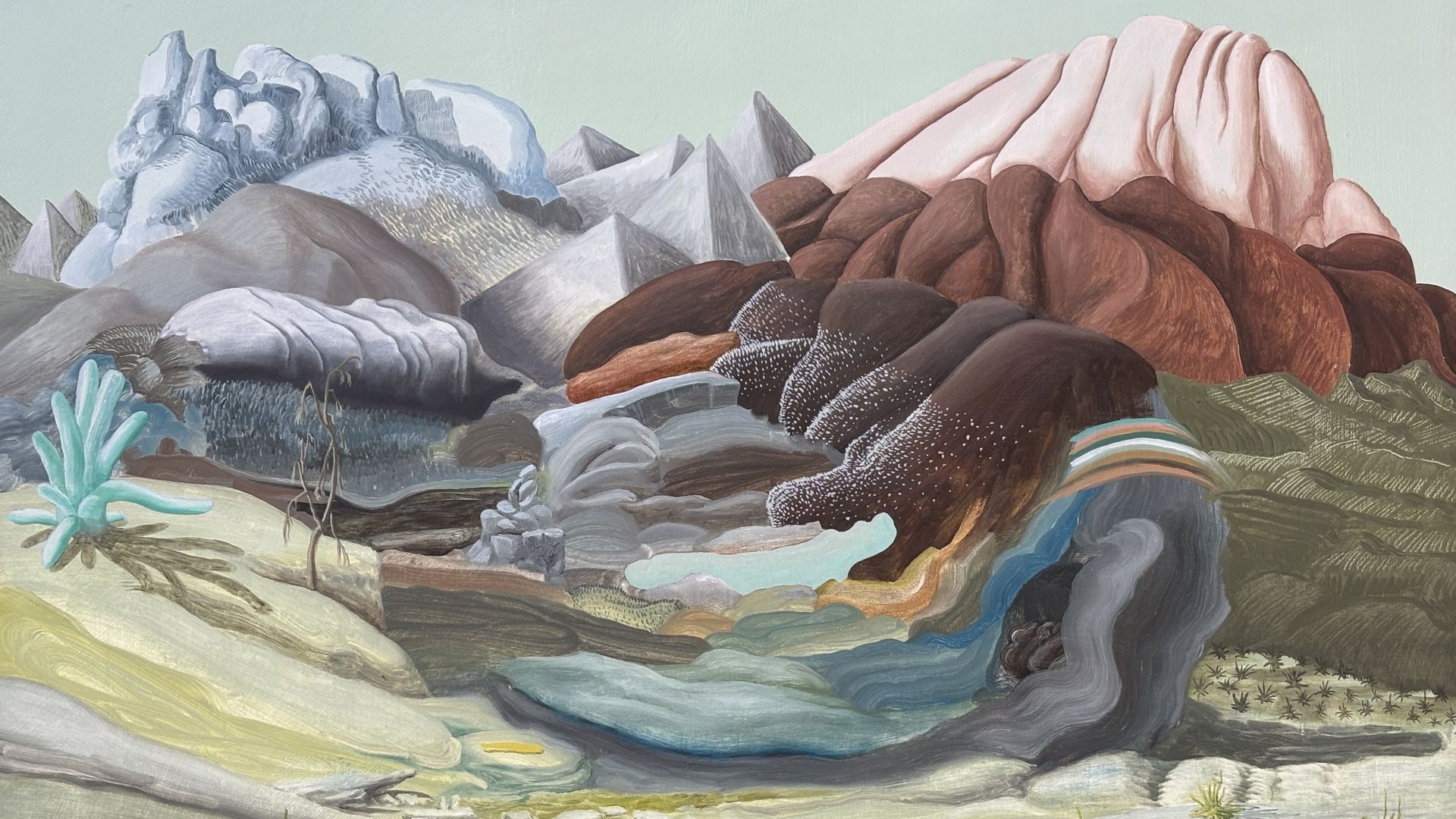 Desert landscape painting: blue-grey jagged mountains left, pale pink rock domes right, gray pyramids in the center, and sparse shrubs across a pale mint sky.