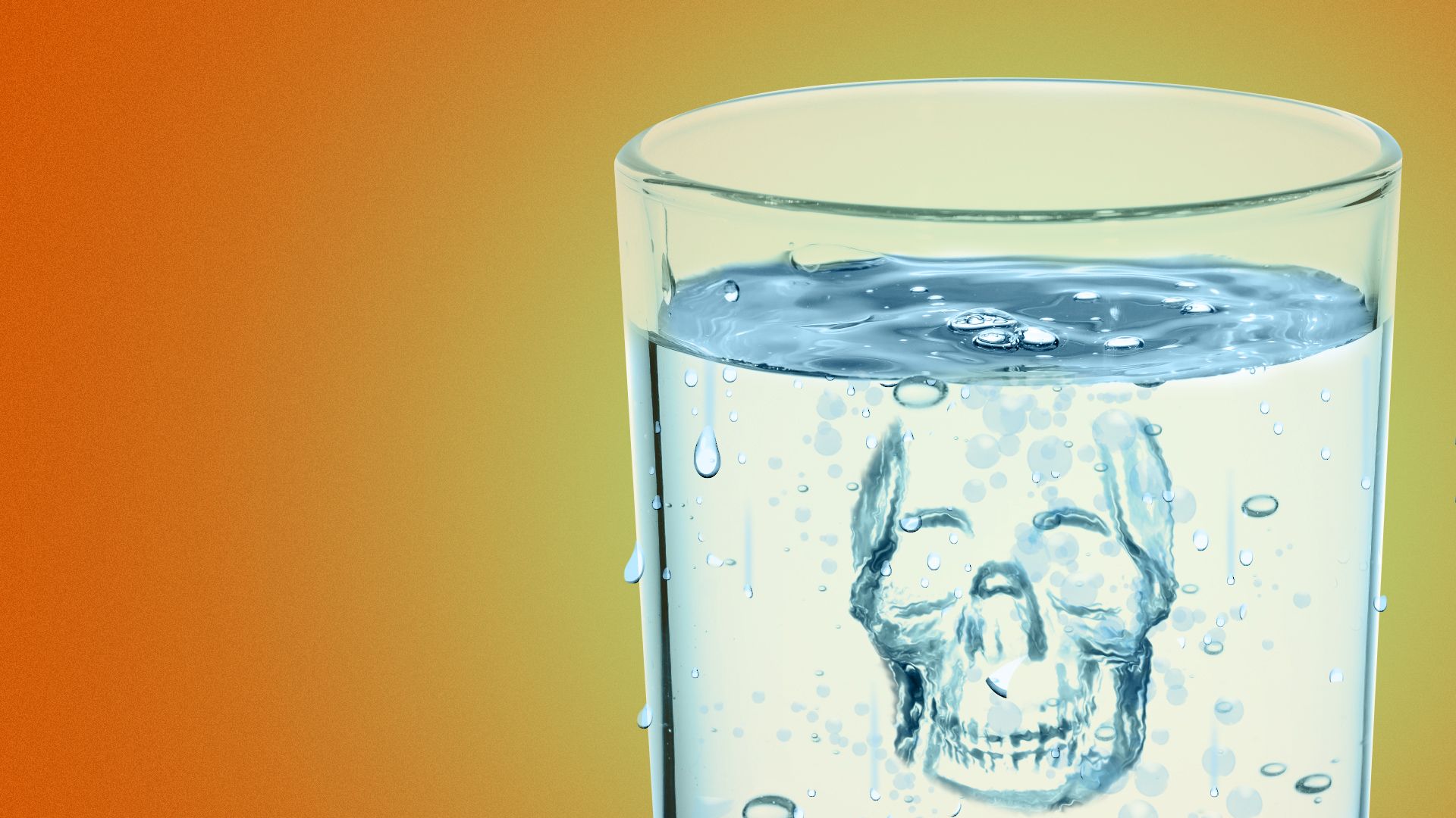 Illustration of a glass of water with a skull being formed from its bubbles. 