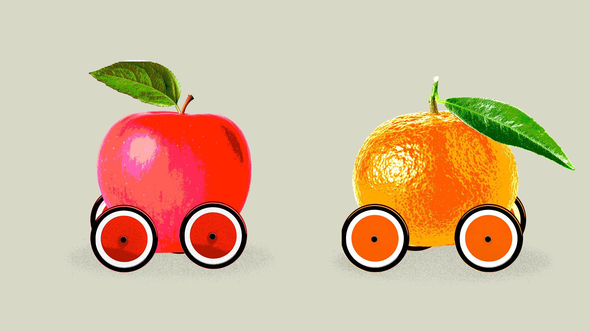 Illustration of an apple and an orange as cars. 