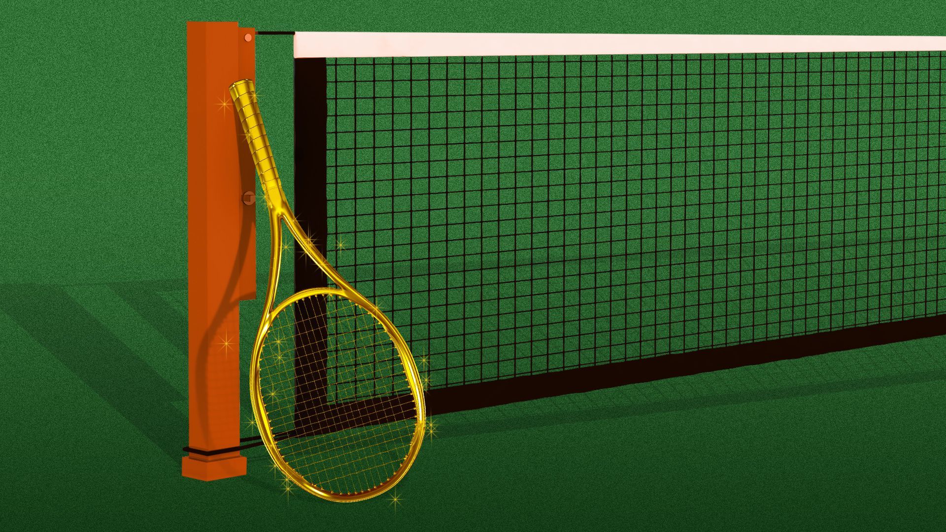 Illustration of a sparkling golden tennis racket leaned against a tennis net.