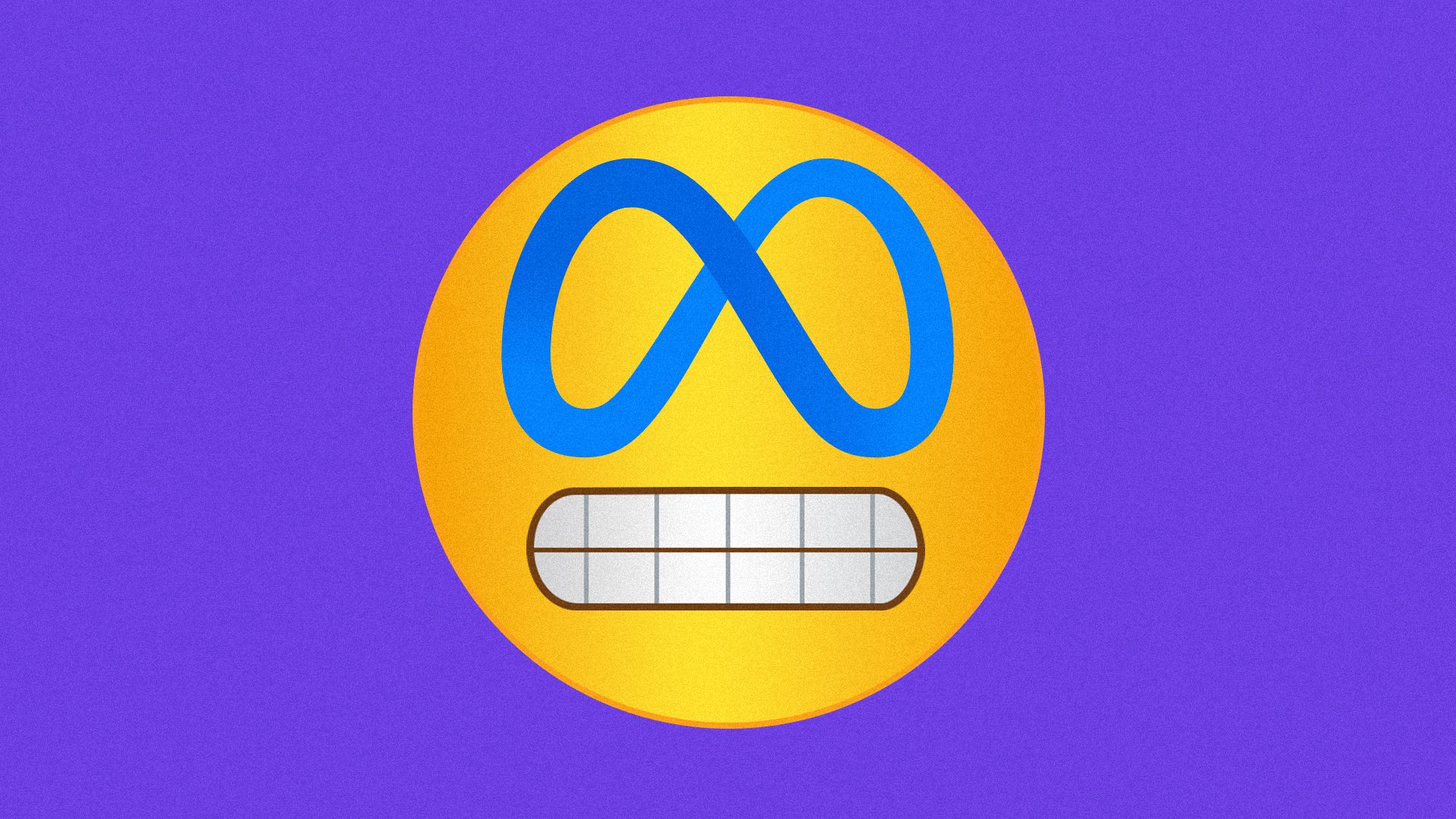 Illustration of a grimacing emoji with the Meta logo as eyes. 