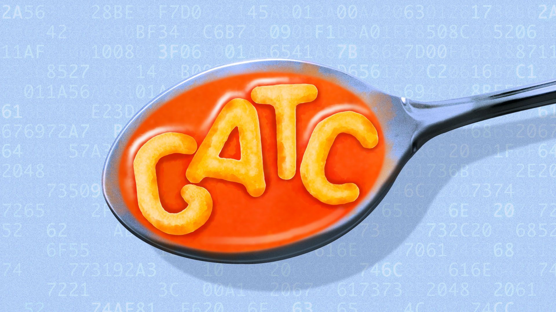 Illustration of a spoon of alphabet soup spelling out "GATC" over a backgound of code