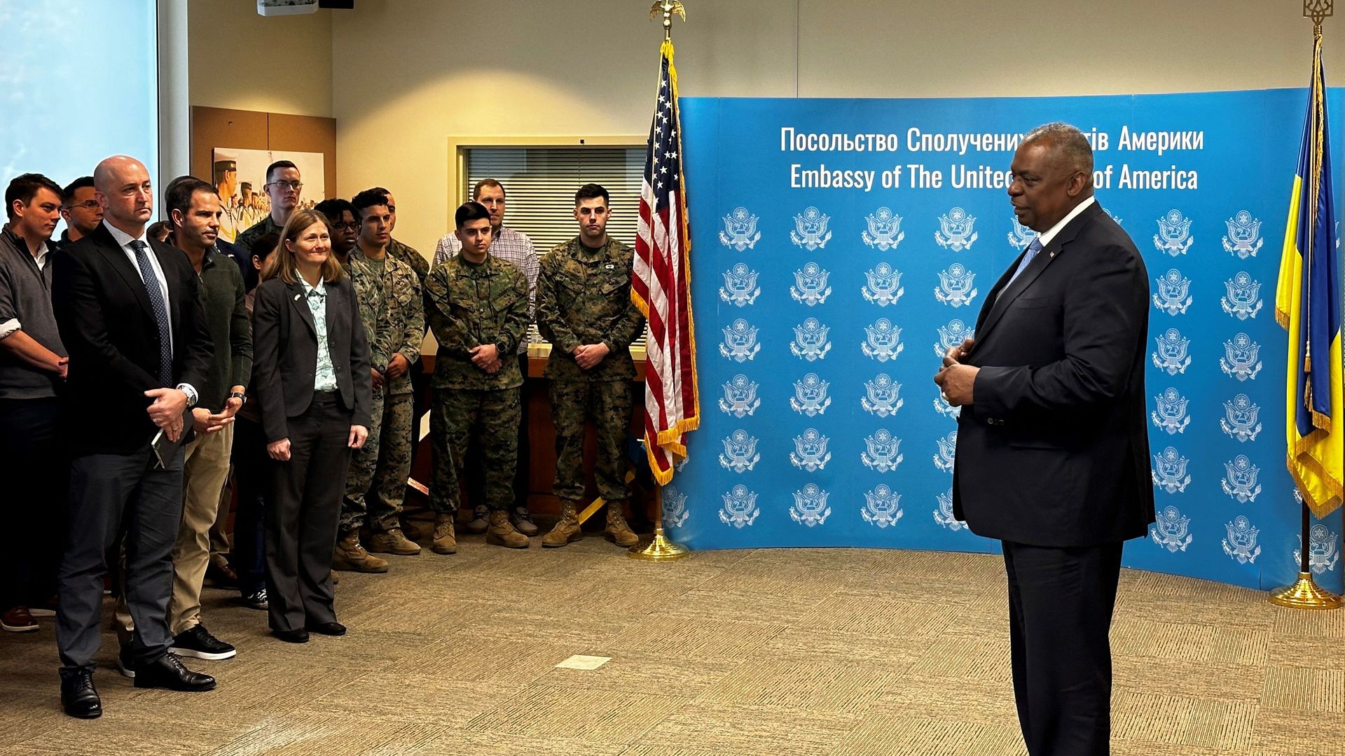 Defense Secretary Lloyd Austin speaking in the U.S. Embassy in Kyiv on Nov. 20.