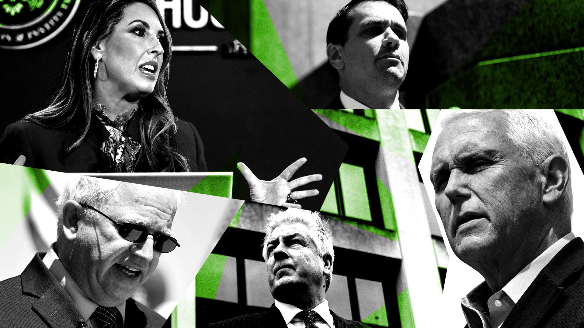 Photo illustration of RNC Chairwoman Ronna McDaniel, attorney Todd Blanche, former U.S. Vice President Mike Pence,  attorney Evan Corcoran, and  attorney John Eastman