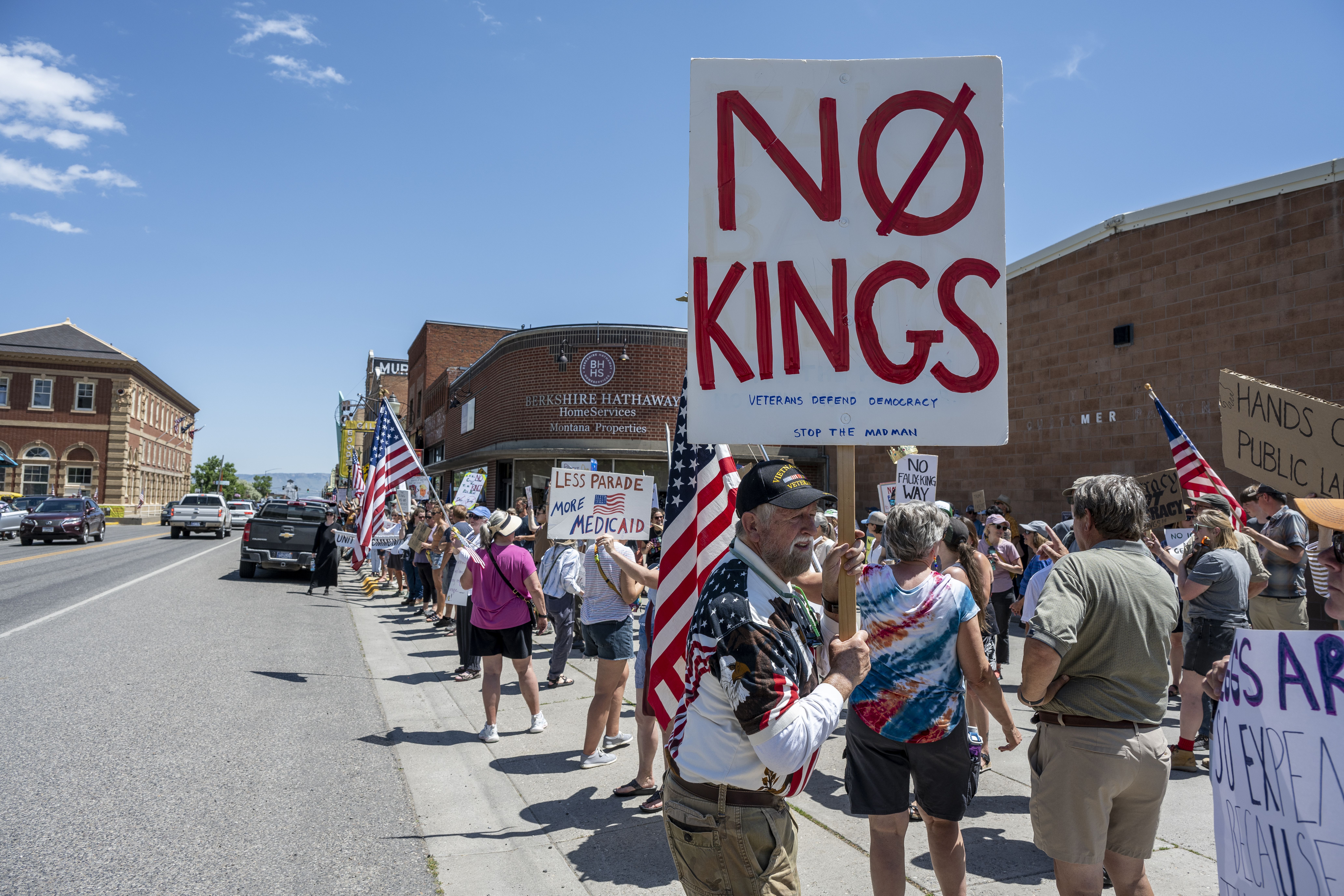 Demonstrators take part in the "No Kings" protests on June 14, 2025 in Livingston, Montana. 