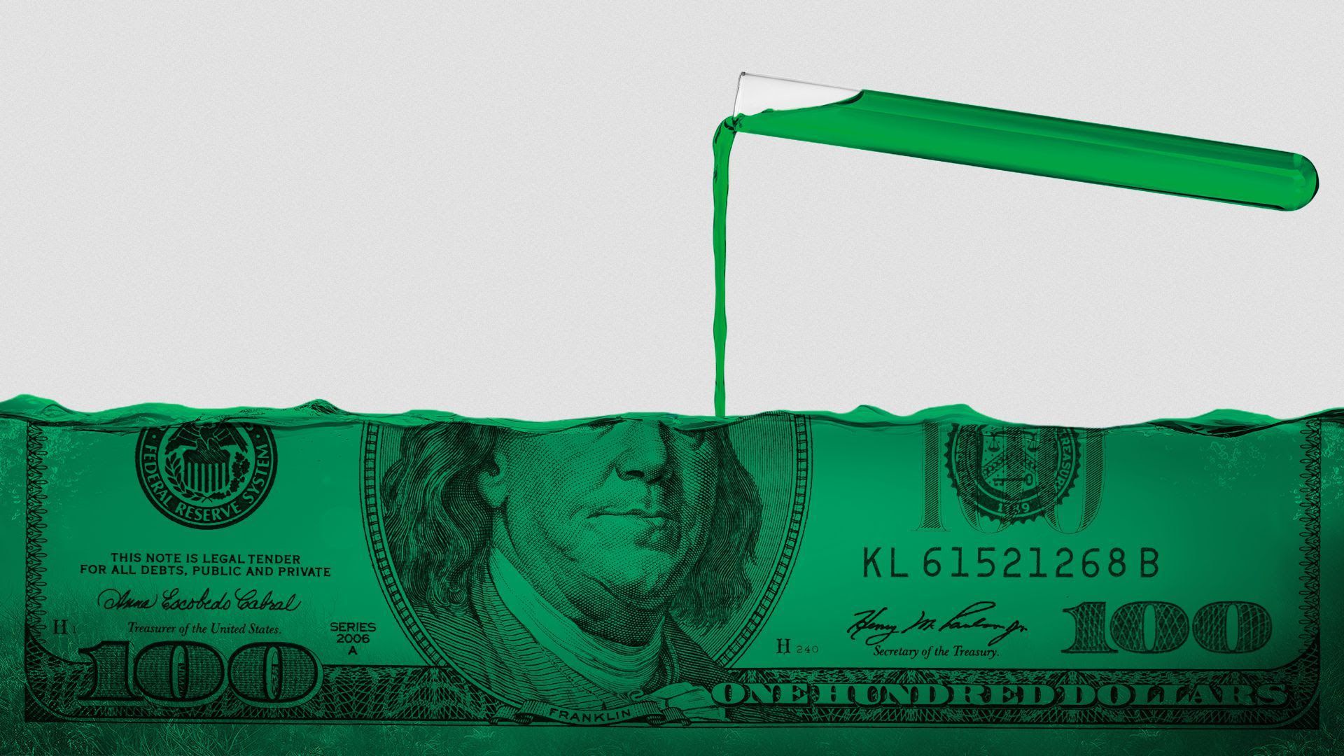 Illustration of a test tube pouring into a hundred dollar bill.