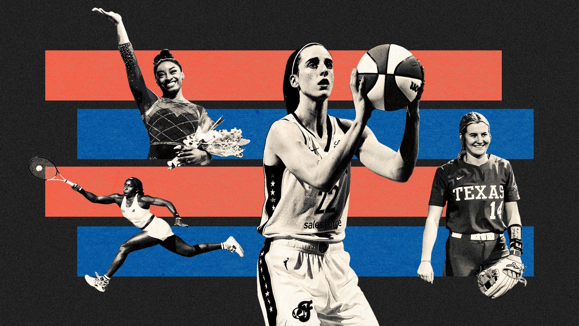 a photo illustration of coco gauff, simone biles, caitlin clark and Reese Atwood on a colorful striped background