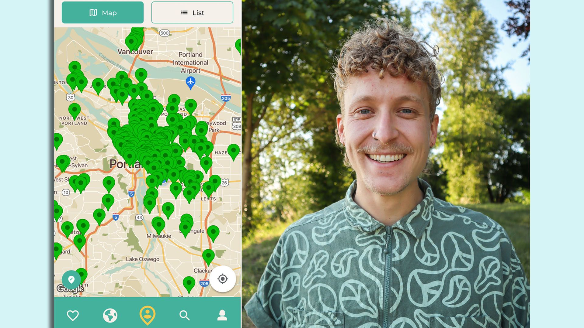 A side-by-side image showing a map of Portland on the left and a headshot of a person smiling on the right.