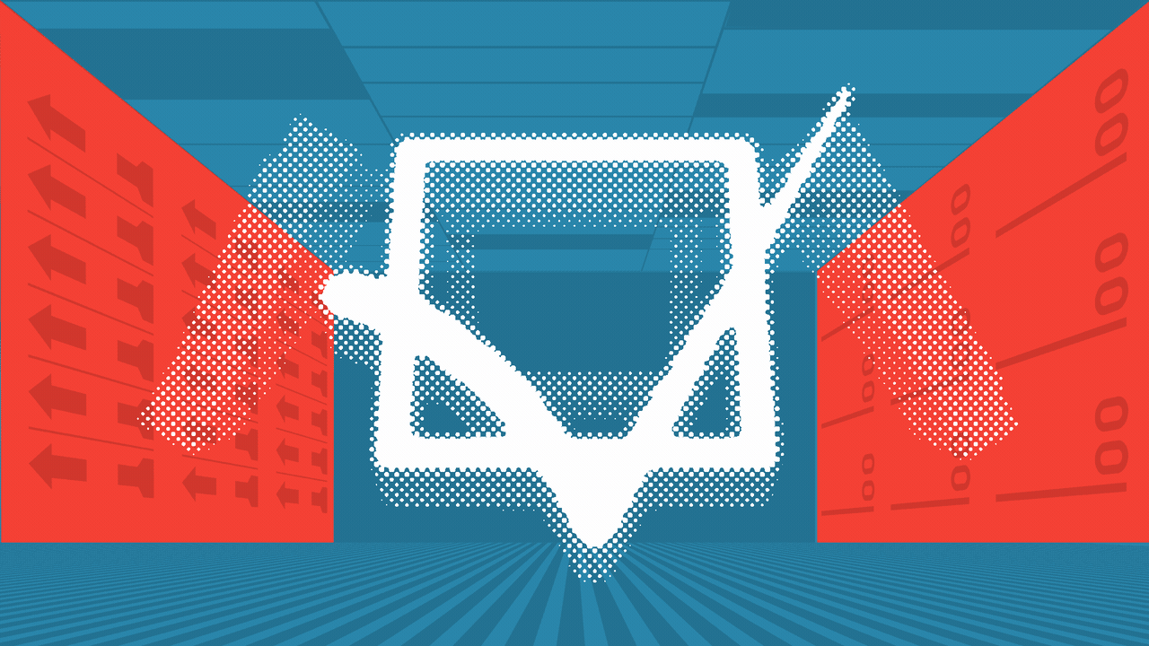 Animated illustration of the state of Arkansas rotating to reveal a checkmark over a divided red and blue background with elements of ballots.