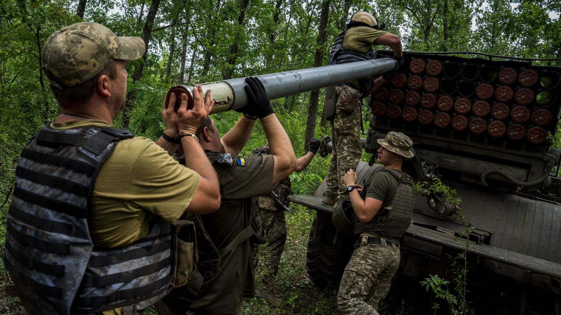Ukrainian soldiers preparing a GRAD salvo against Russian positions in Kharkiv Oblast on Aug. 12.