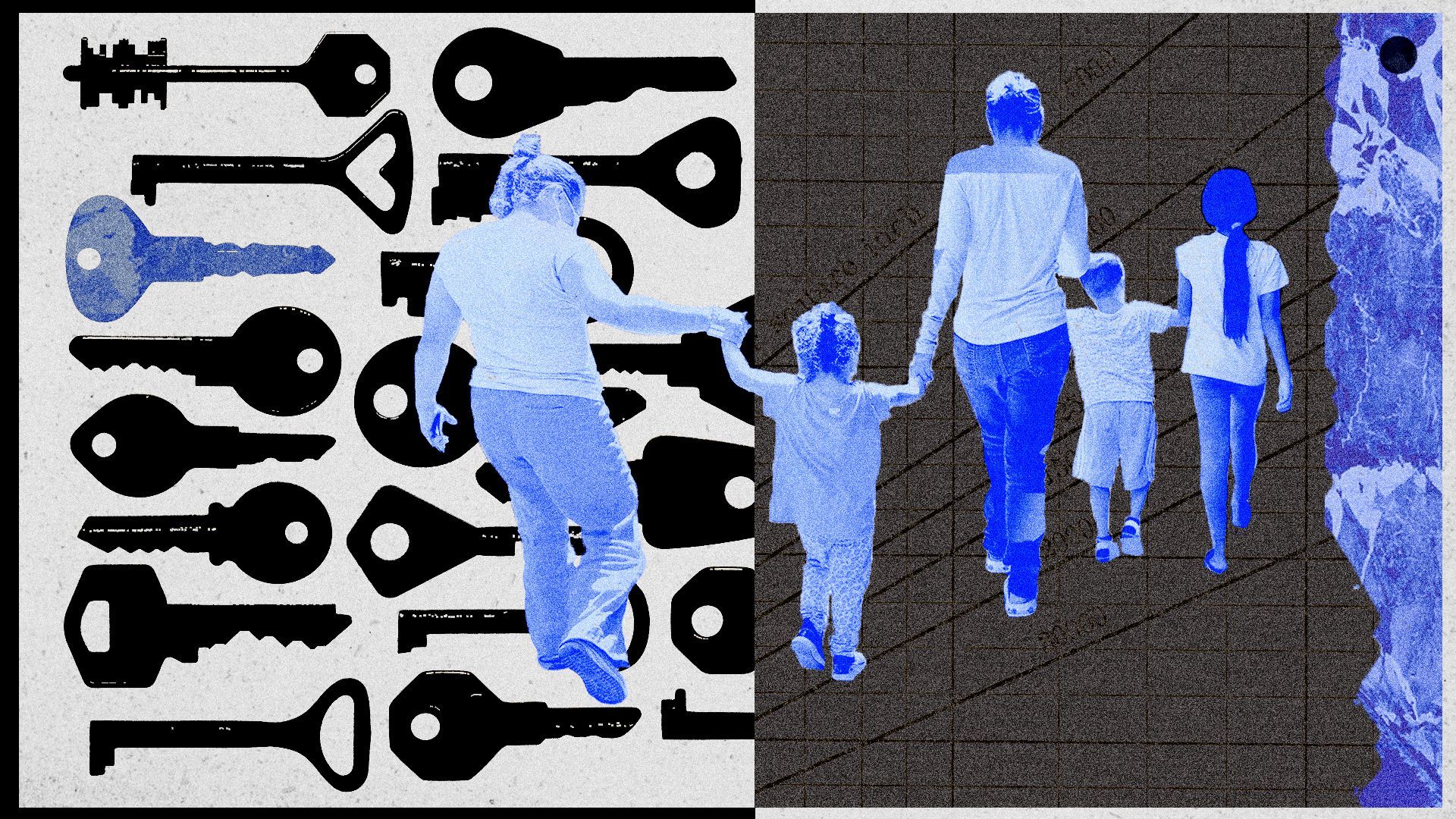 Photo illustration of a collage of key shapes, a family of four holding hands and abstract textures.