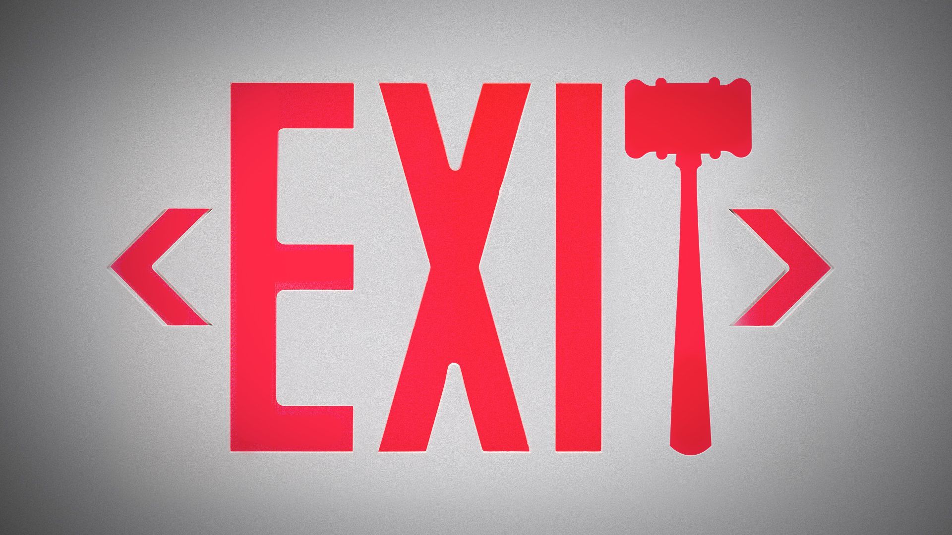 Illustration of an EXIT sign with a gavel forming the 