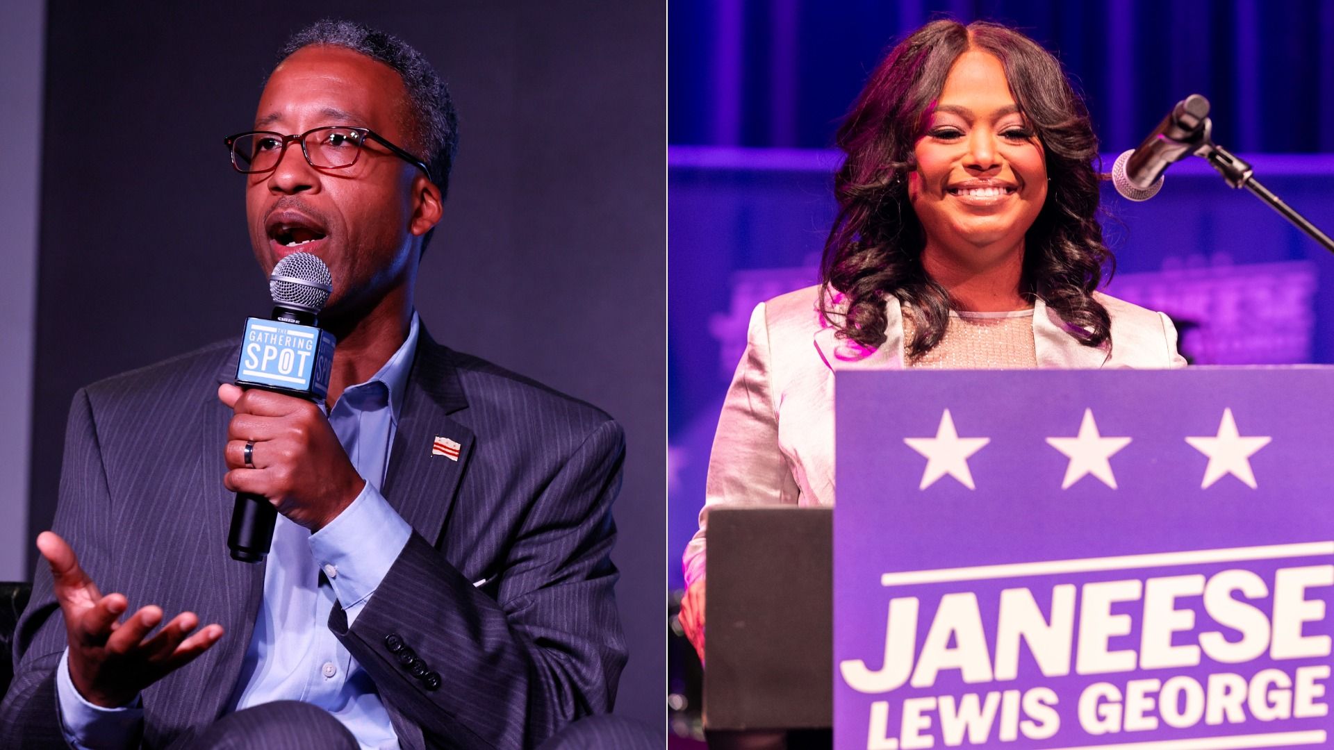 Split image: left shows a man in a pinstripe suit and glasses speaking into a handheld microphone; right shows a smiling woman at a purple campaign podium with a microphone.