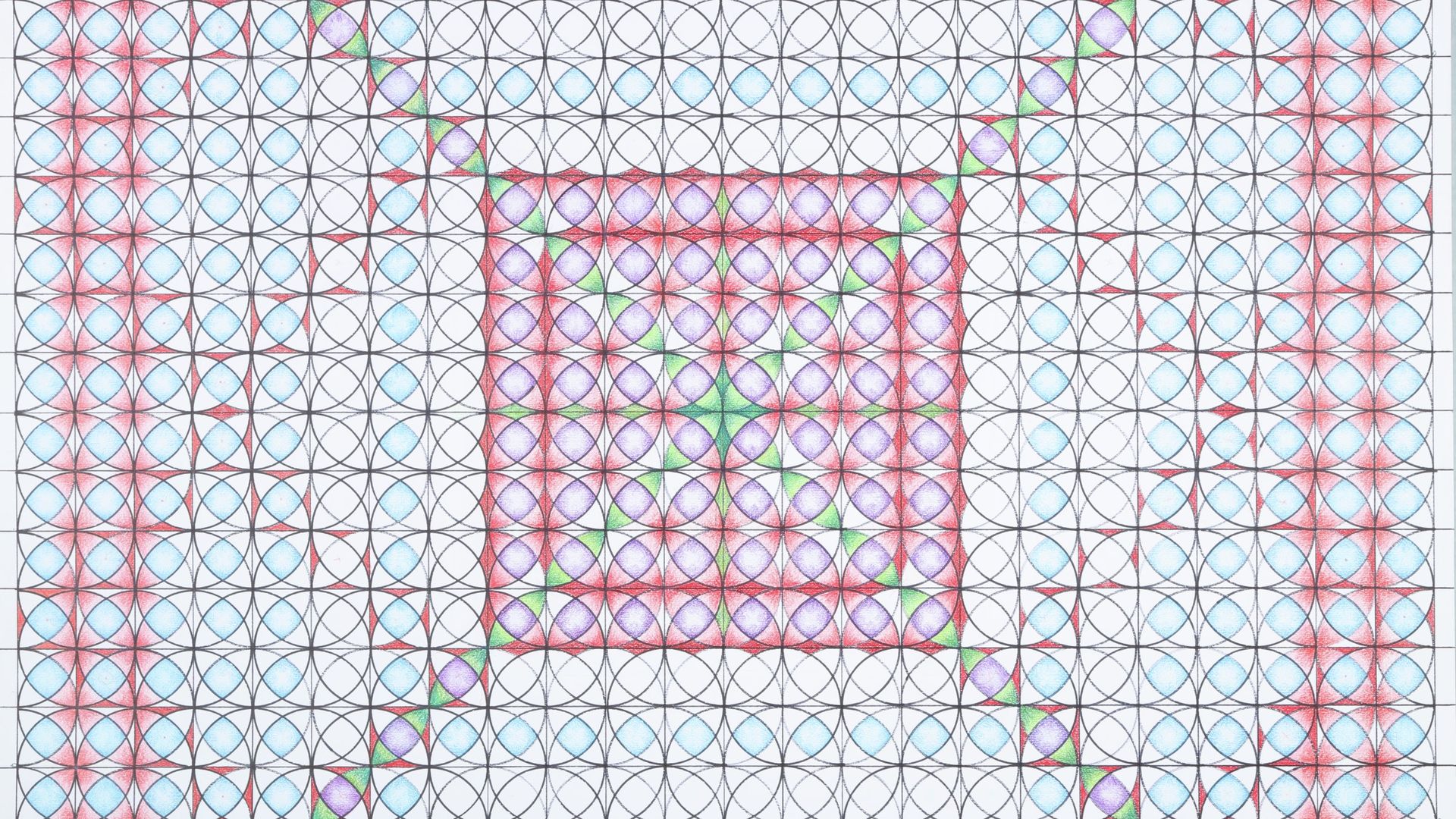 A piece of artwork featuring small squares that create larger squares, with a large red square in the middle