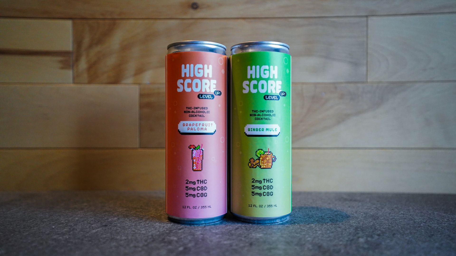 two cocktail cans that says high score on them 