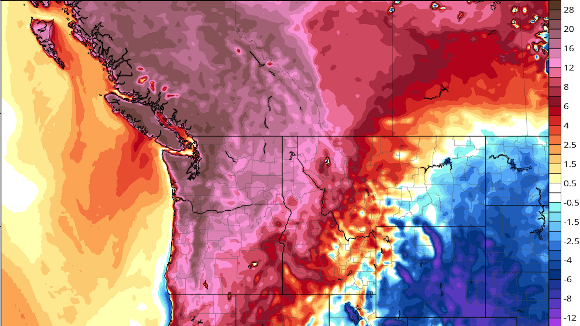 Computer model projection of temperature departures from average on June 28, 2021.