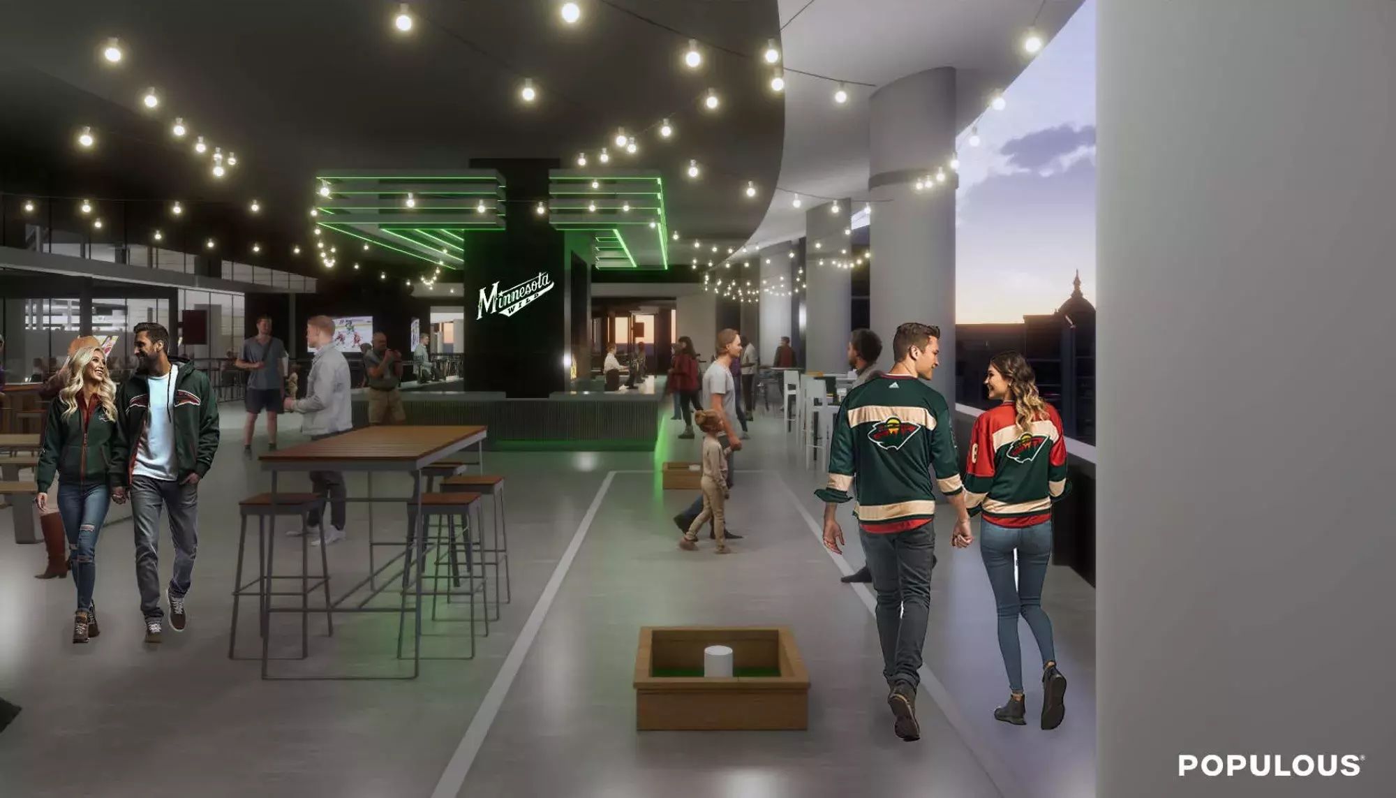 A rendering of a rooftop bar at an NHL arena featuring fans in Minnesota Wild gear