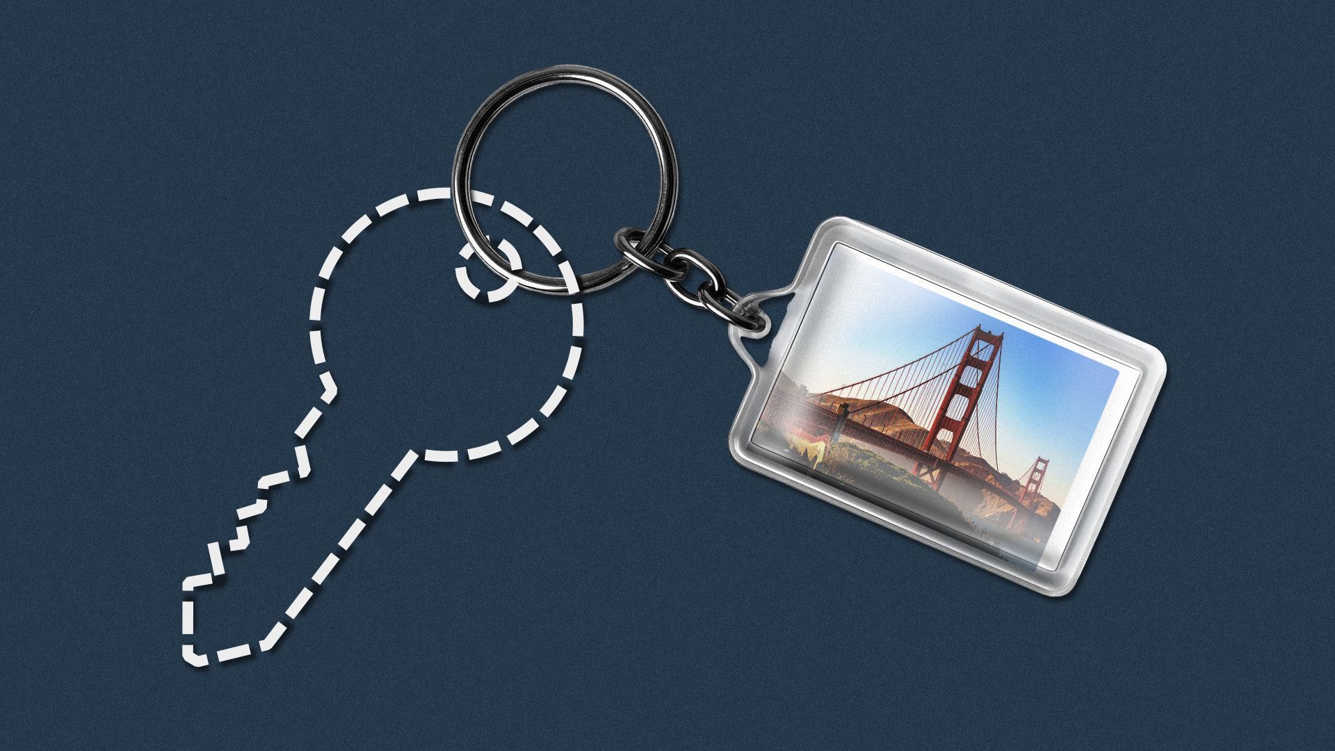 Illustration of a keyring containing a keychain of the Golden Gate Bridge and a dotted outline of a missing key.