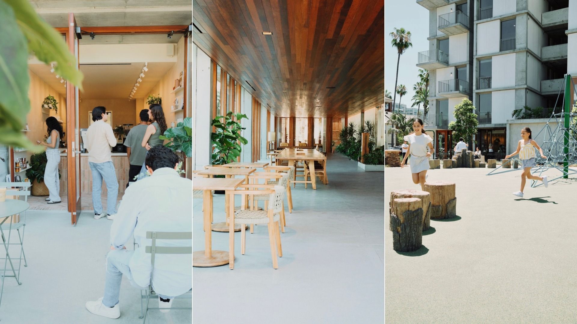 Three-part image showing people ordering at a coffee shop, a modern wooden-ceiling seating area with plants, and two girls playing on a playground near a building on a sunny day.