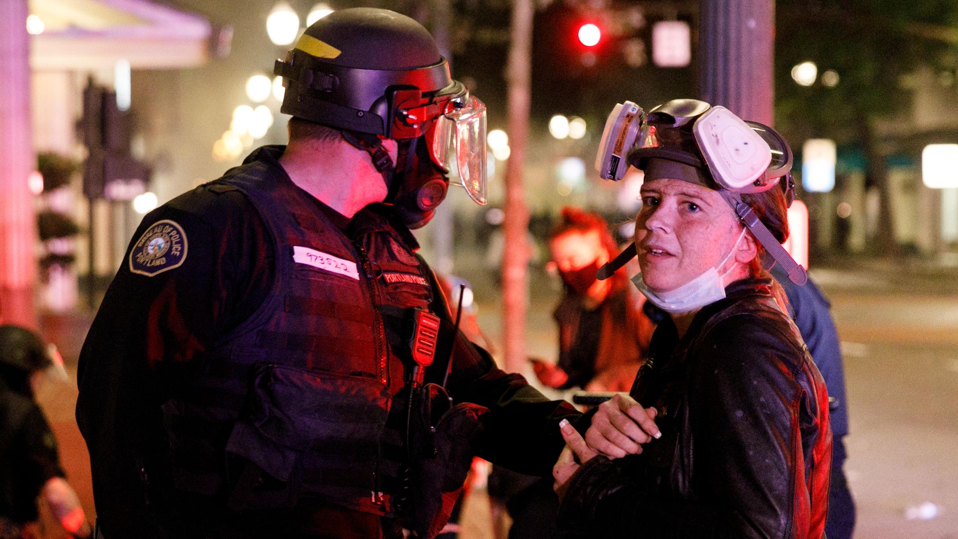 A police officer arresting a demonstrator in Portland, Oregon, on July 4.