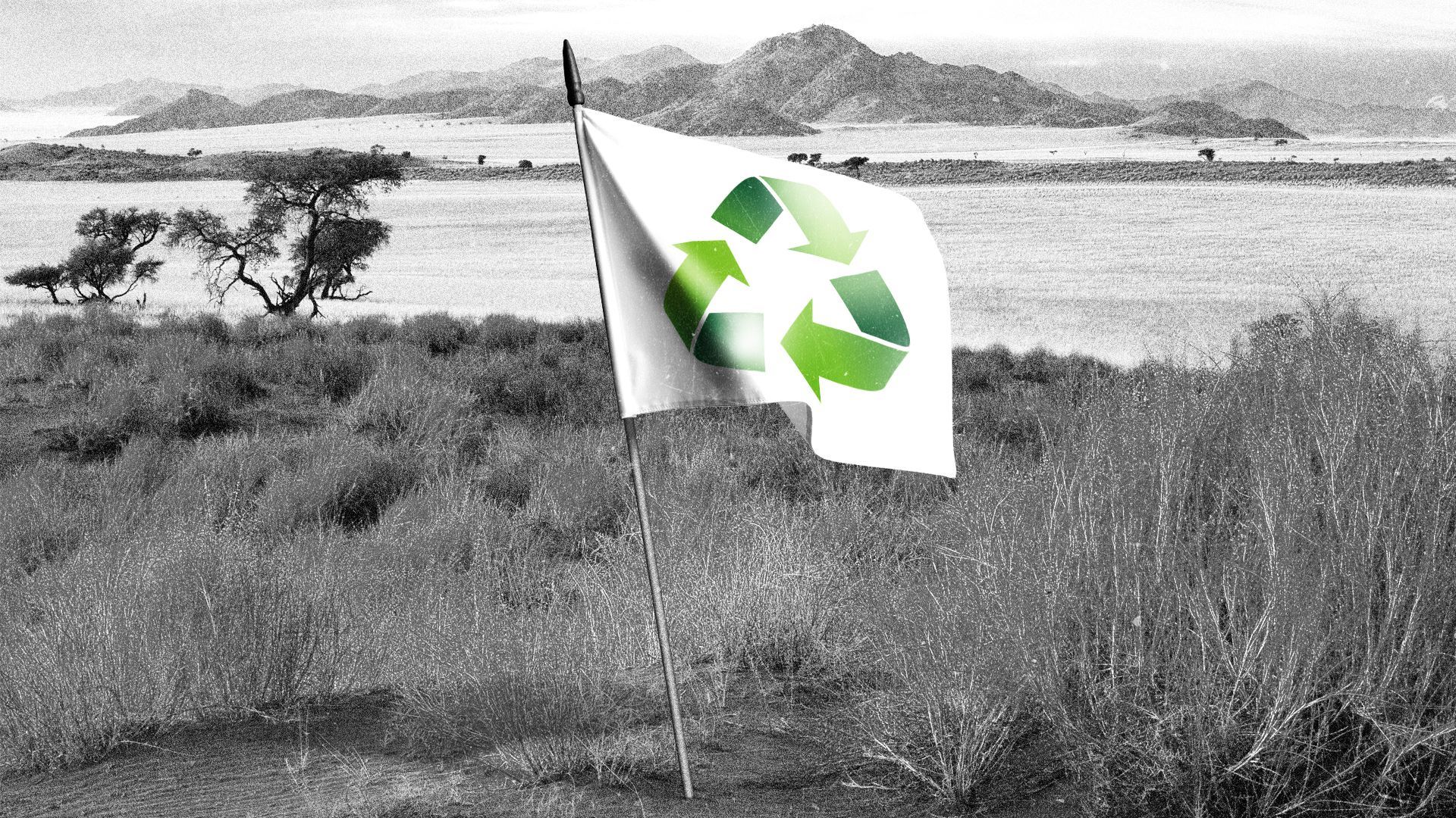 Illustration of a vintage black and white photograph of an African landscape with a flag featuring the recycle symbol