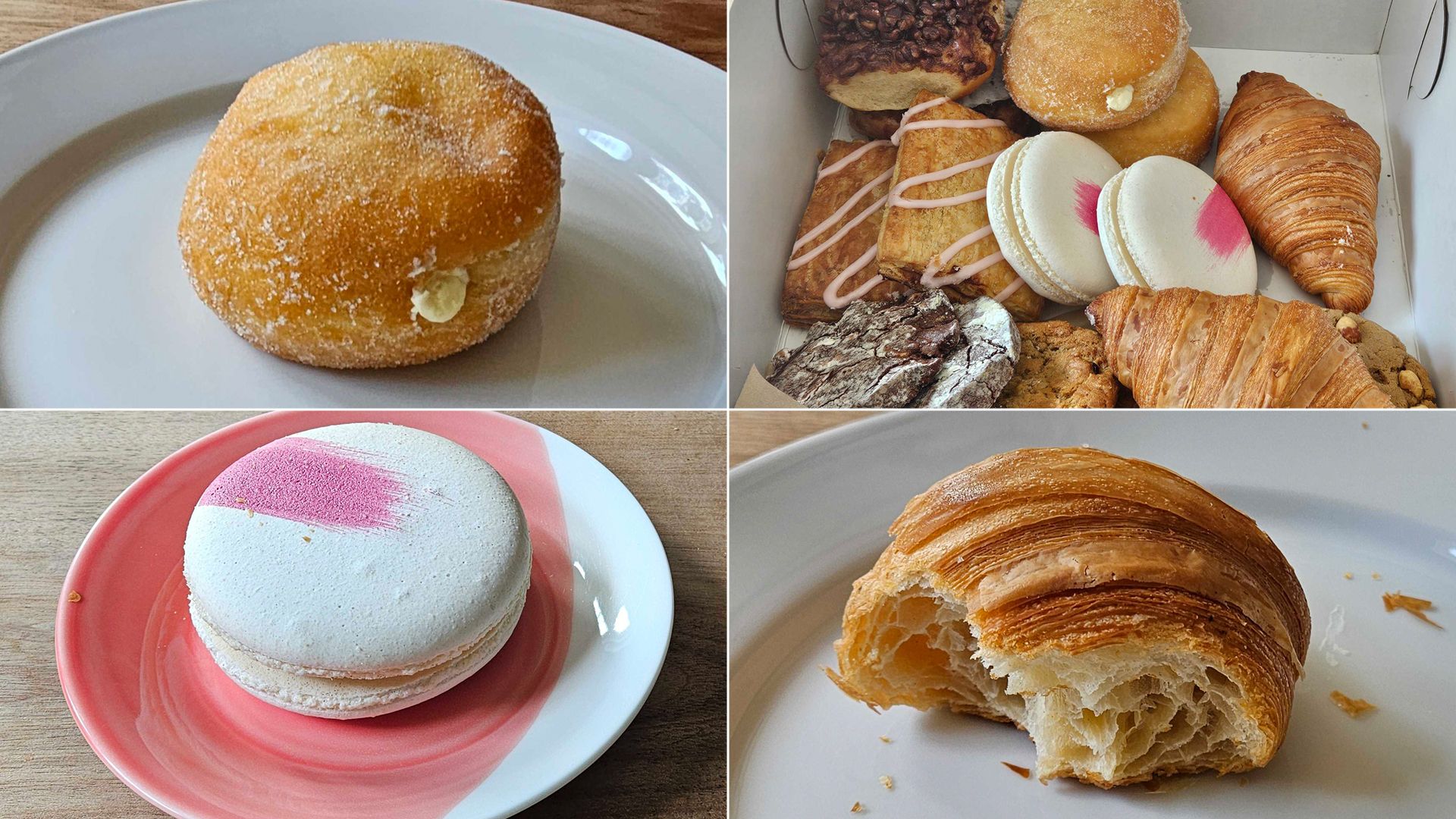 A composite of four photos showing baked goods including a croissant and a donut.