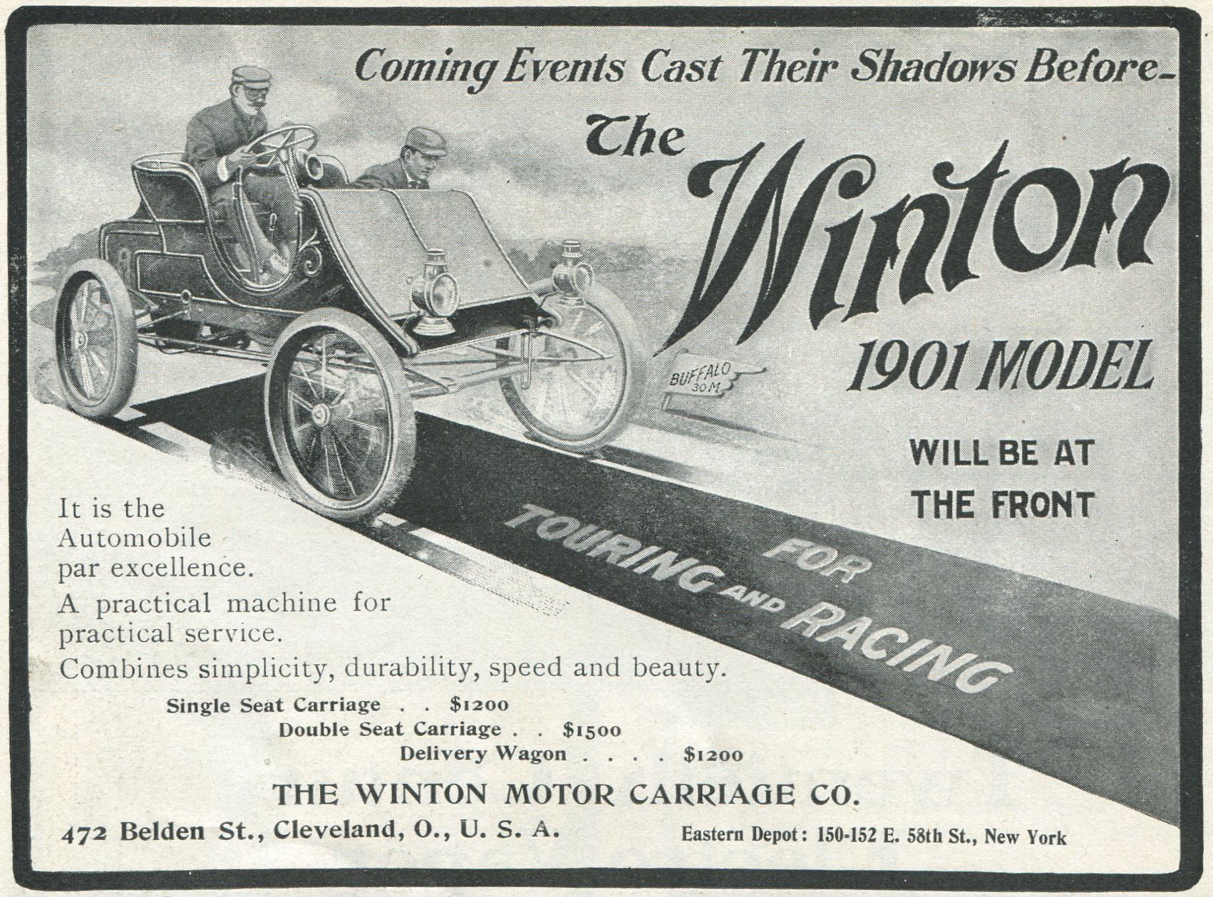 Black-and-white ad for The Winton 1901 Model automobile. Two men drive a vintage open car; bold "Winton" script and slogan praising durability, speed and practicality.